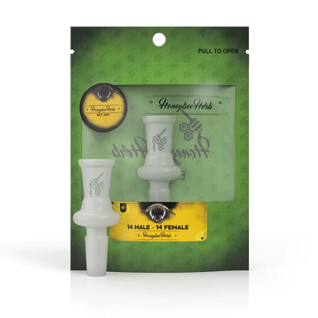 A front view of the Honeybee Glass Converter Adapter encased in clear plastic packaging with branding details visible. A front view of the Honeybee Glass Converter Adapter encased in clear plastic packaging with branding details visible.