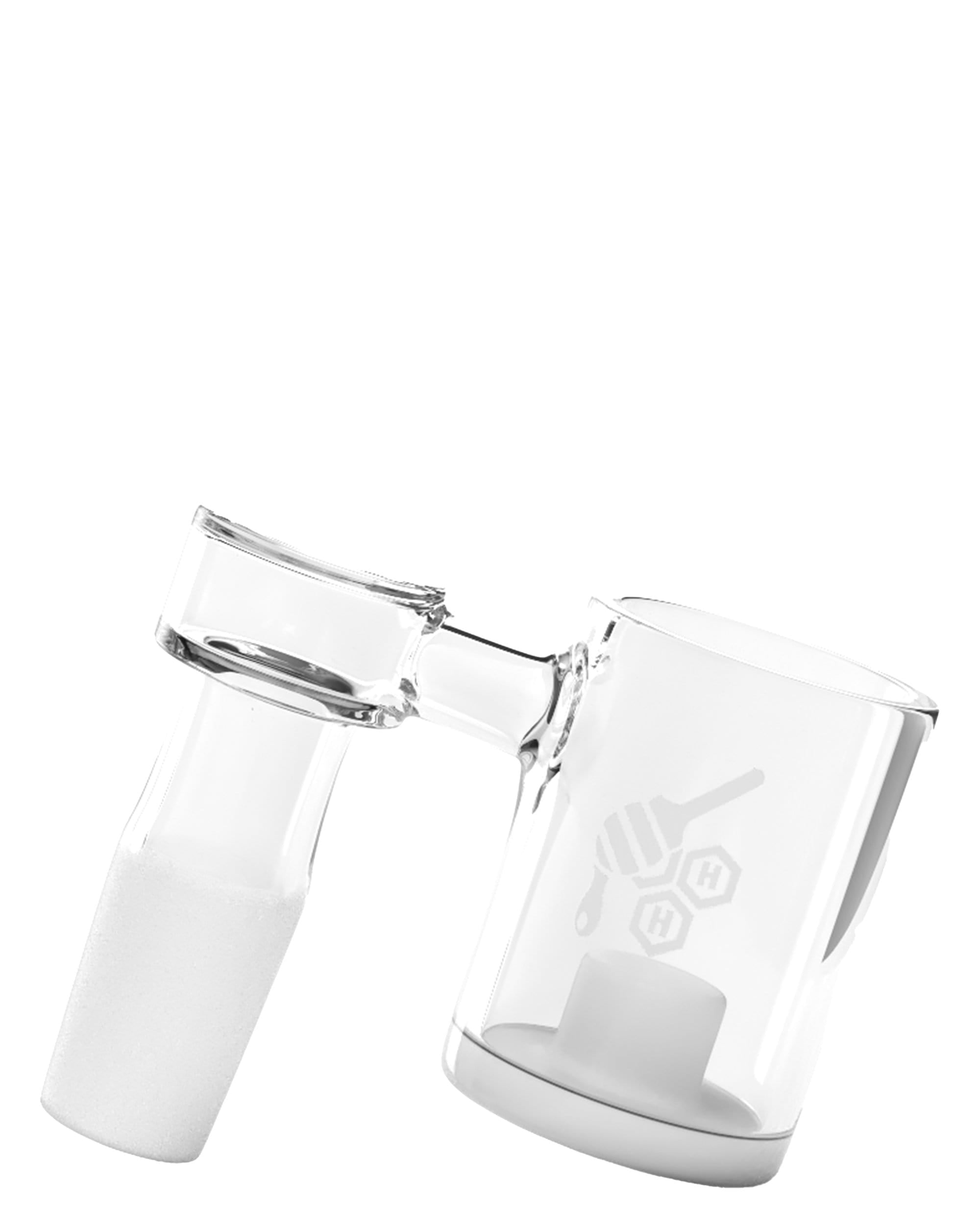 A side view of the Honey and Milk Sidecar Core Reactor Banger, showing its clear glass construction and rounded base. A side view of the Honey and Milk Sidecar Core Reactor Banger, showing its clear glass construction and rounded base.