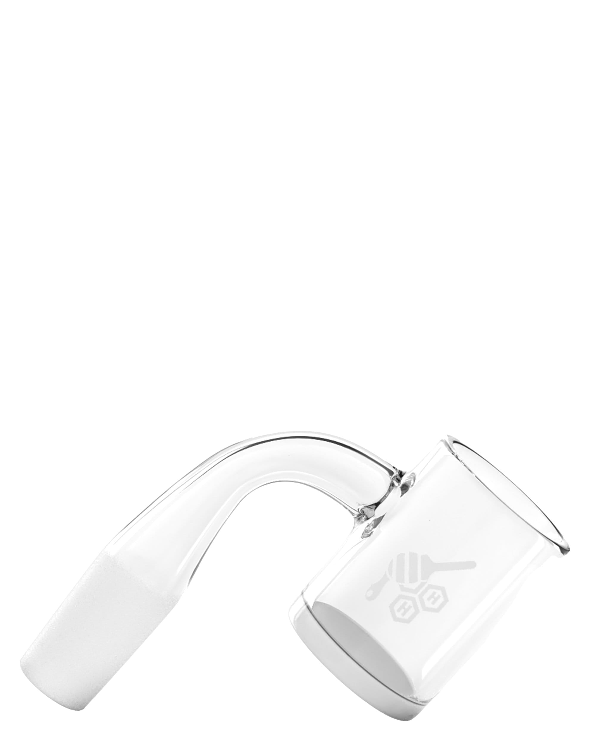 A close-up, angled view of the Honey & Milk Banger Nail, showcasing its clear glass construction and smooth, rounded form. A close-up, angled view of the Honey & Milk Banger Nail, showcasing its clear glass construction and smooth, rounded form.