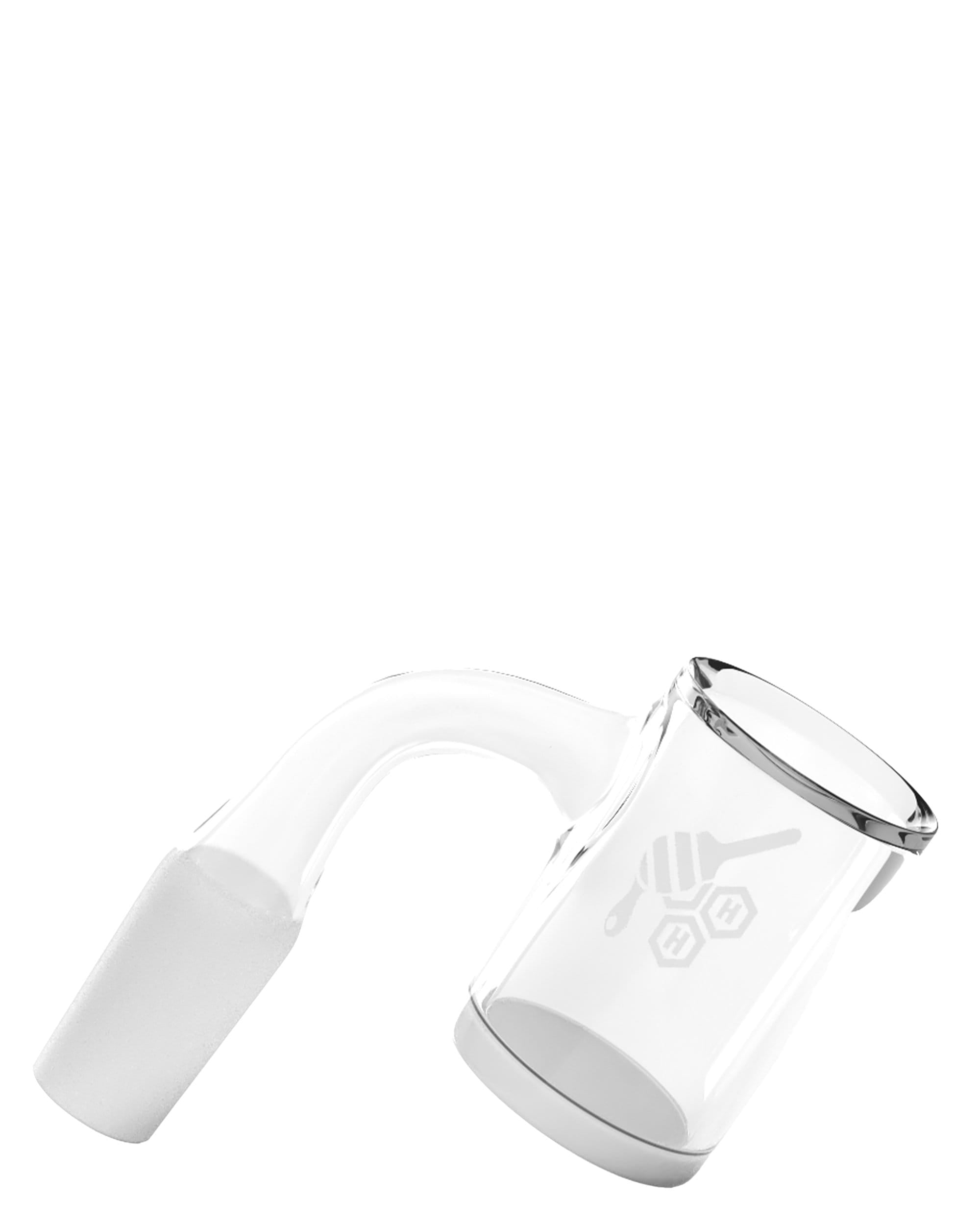 A studio shot highlights the Honey & Milk Bevel Banger, showcasing its clear glass construction and angled profile. A studio shot highlights the Honey & Milk Bevel Banger, showcasing its clear glass construction and angled profile.