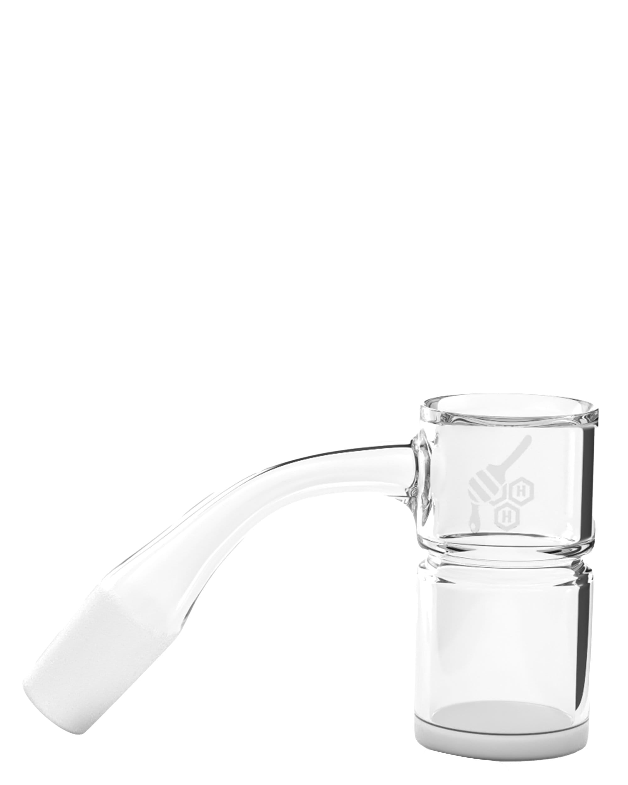 Front view of the Honey & Milk Bevel Splash Bucket, a clear glass piece with a rounded base and smooth lines. Front view of the Honey & Milk Bevel Splash Bucket, a clear glass piece with a rounded base and smooth lines.