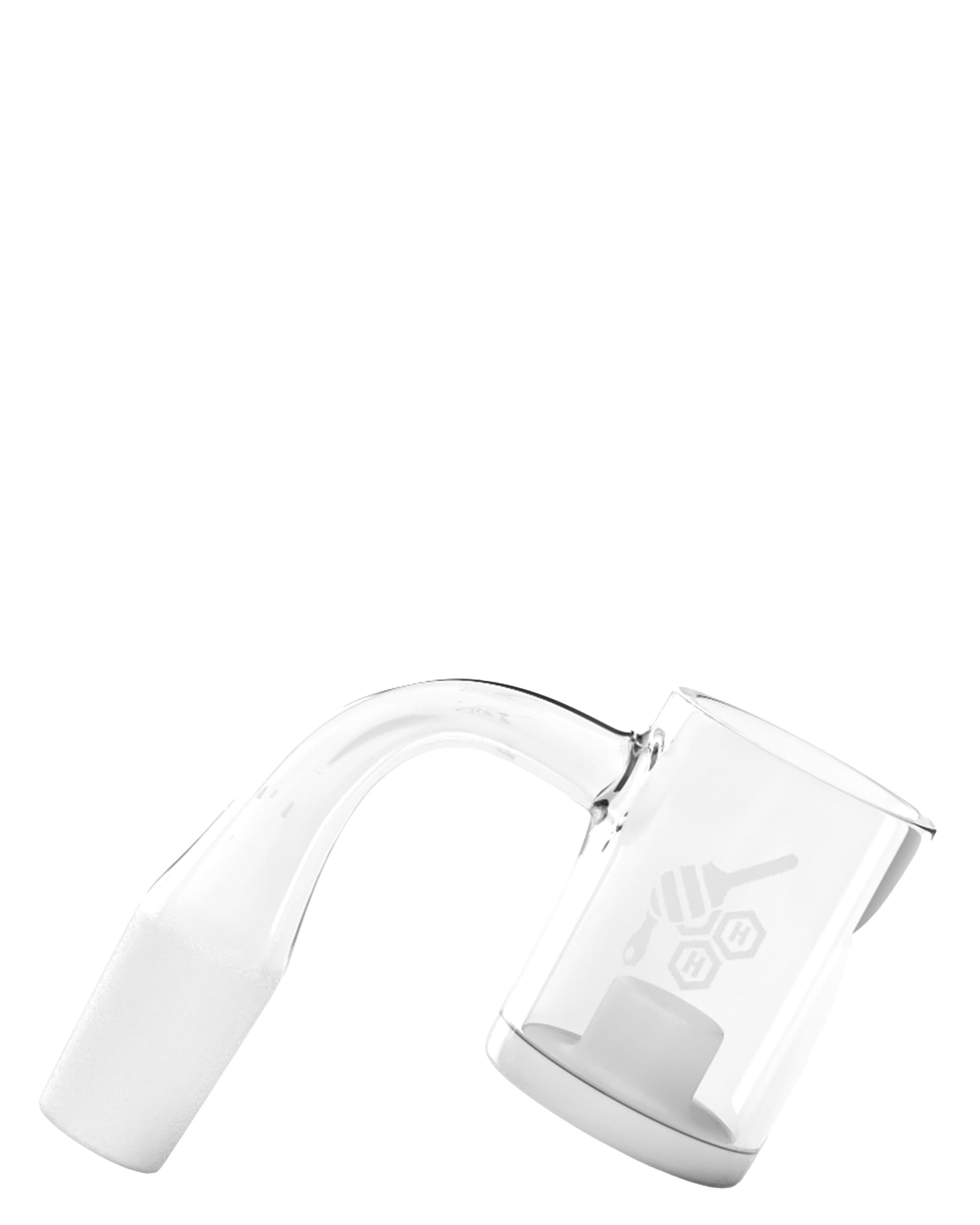 A diagonal view of the Honey & Milk Core Reactor Banger, showcasing its 90ยบ angle and clear glass construction. A diagonal view of the Honey & Milk Core Reactor Banger, showcasing its 90ยบ angle and clear glass construction.