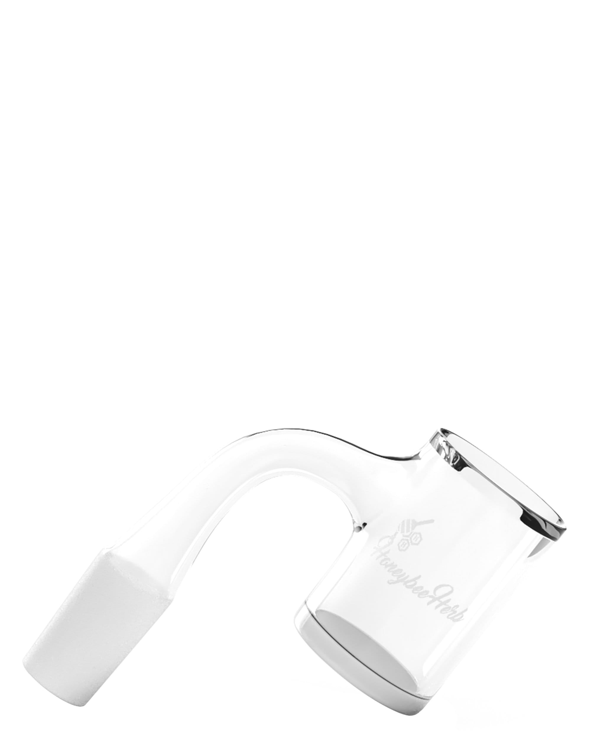 A close-up, angled view of the Honey & Milk Seamless Beveled Banger, showcasing its polished, reflective surface. A close-up, angled view of the Honey & Milk Seamless Beveled Banger, showcasing its polished, reflective surface.