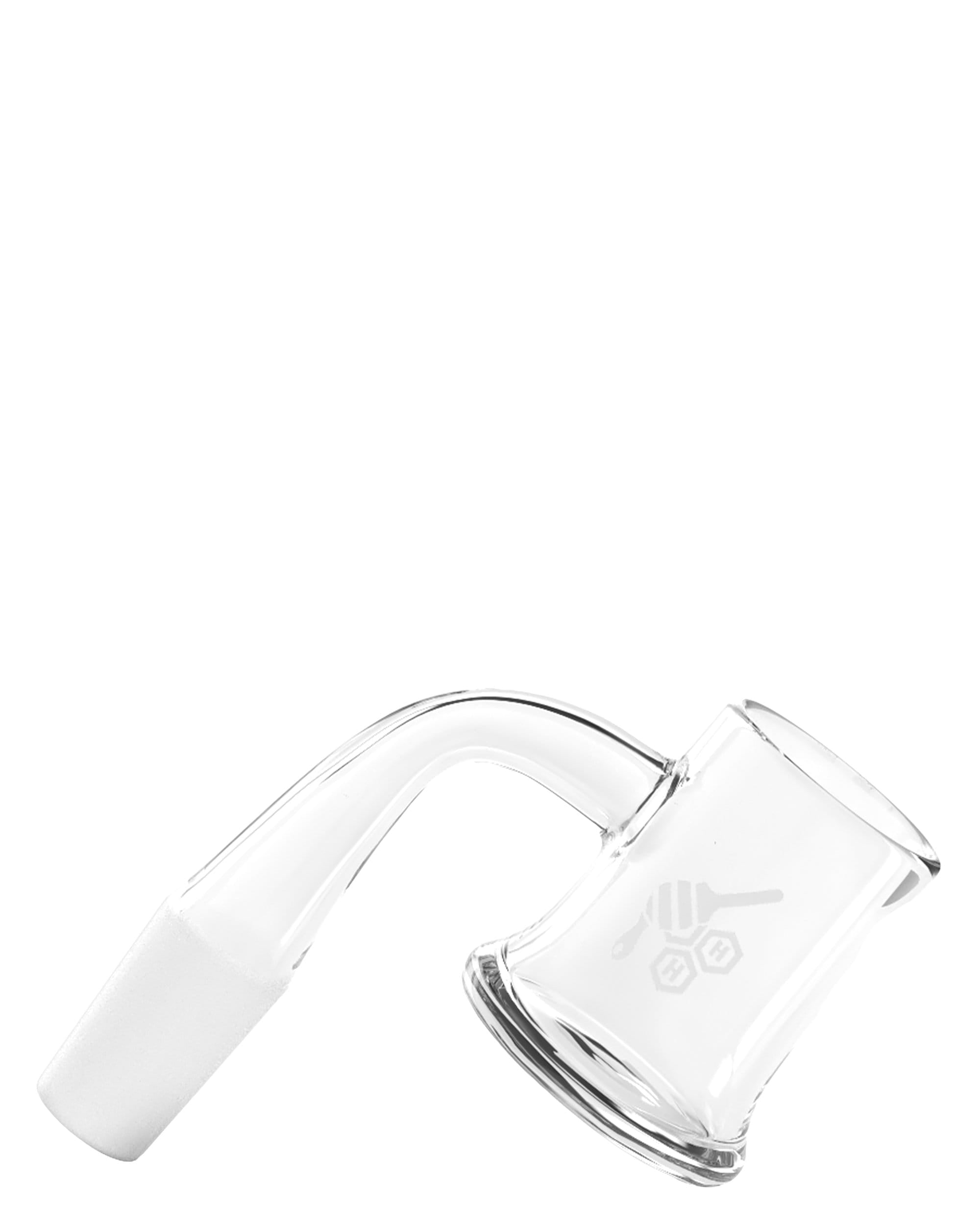 A studio shot of the Honey Mug Banger Nail, showing its clear glass construction and angled design. A studio shot of the Honey Mug Banger Nail, showing its clear glass construction and angled design.