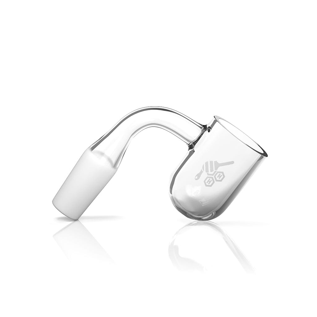 A three-quarter view of the Honey Cyclone 90° Quartz Banger with a yellow line, reflecting off a mirrored surface. A three-quarter view of the Honey Cyclone 90° Quartz Banger with a yellow line, reflecting off a mirrored surface.