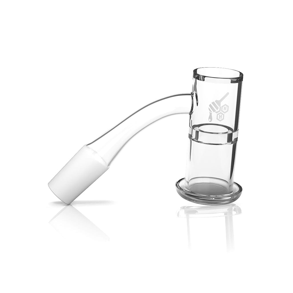 A slightly angled view of the Honeysuckle XL 45° Quartz Banger with a yellow line, displayed on a clear acrylic stand. A slightly angled view of the Honeysuckle XL 45° Quartz Banger with a yellow line, displayed on a clear acrylic stand.