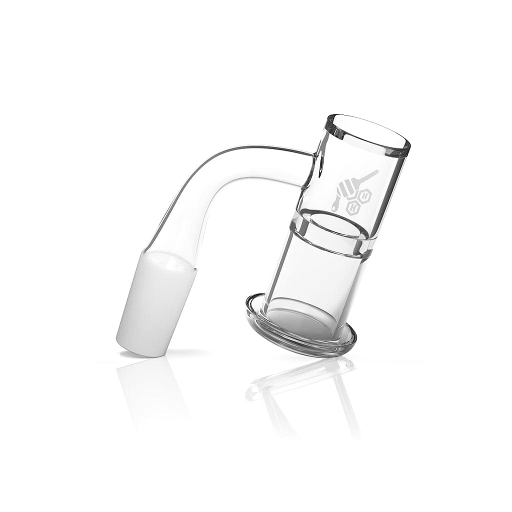 A high-angle view of the Honeysuckle XL 90° Quartz Banger, showing a clear quartz dish with a yellow line accent. A high-angle view of the Honeysuckle XL 90° Quartz Banger, showing a clear quartz dish with a yellow line accent.