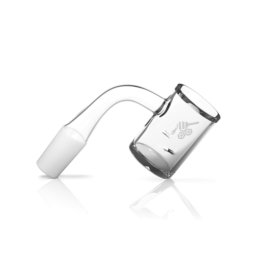 A side view of the Whirlwind Quartz Banger 90° Yellow Line, showing the angled quartz cup and its reflective surface. A side view of the Whirlwind Quartz Banger 90° Yellow Line, showing the angled quartz cup and its reflective surface.