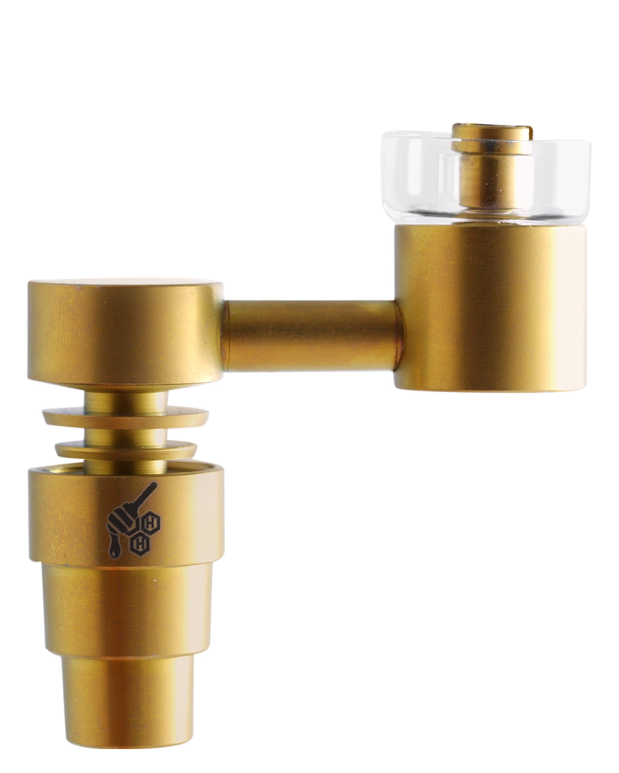 A close-up, angled view of the Hybrid Sidecar 4 in 1 Titanium Banger, showcasing its metallic sheen and intricate design. A close-up, angled view of the Hybrid Sidecar 4 in 1 Titanium Banger, showcasing its metallic sheen and intricate design.