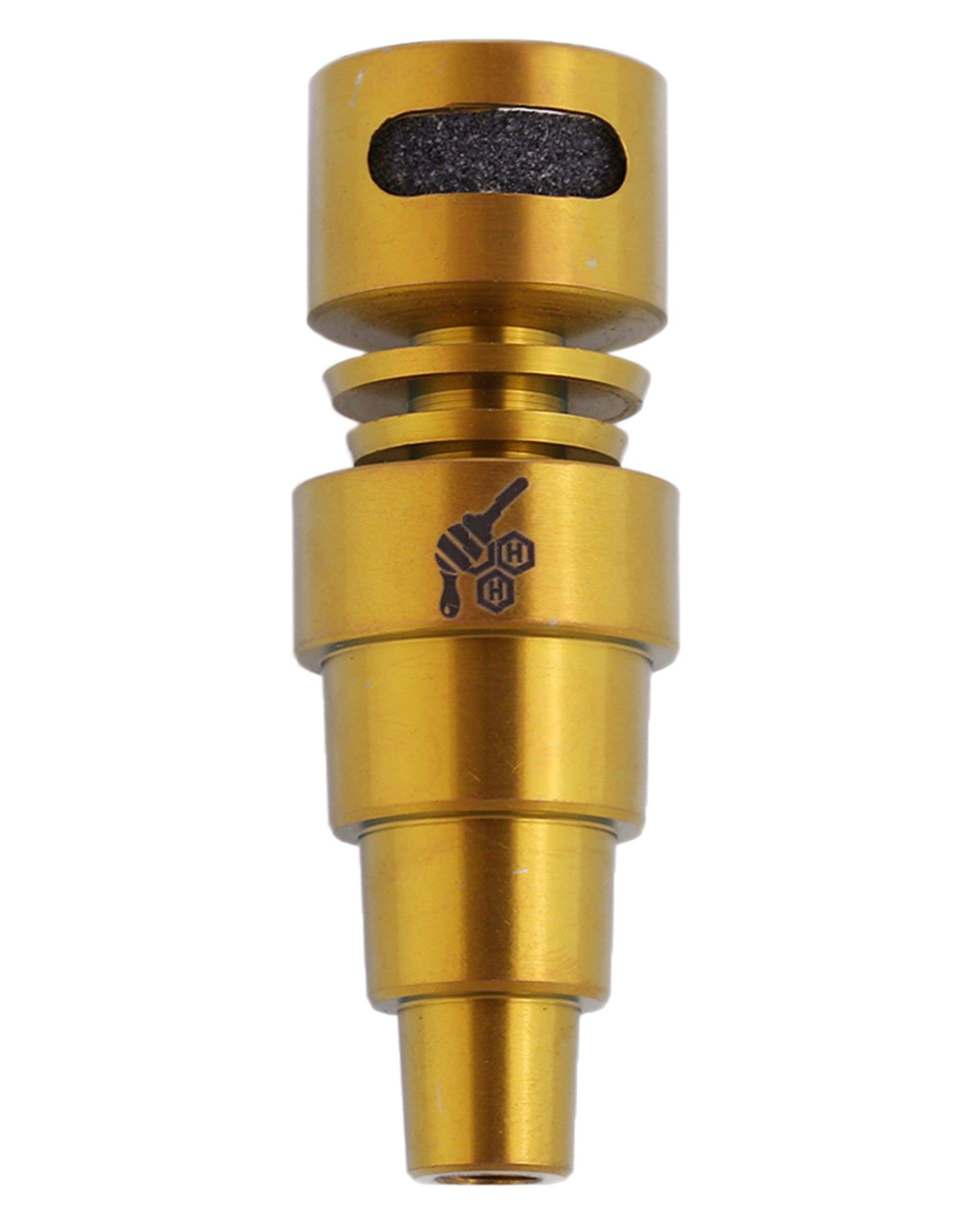 Front view of the Moon Rock 6 in 1 Titanium Nail, a metallic, conical attachment with a visible threaded connection. Front view of the Moon Rock 6 in 1 Titanium Nail, a metallic, conical attachment with a visible threaded connection.