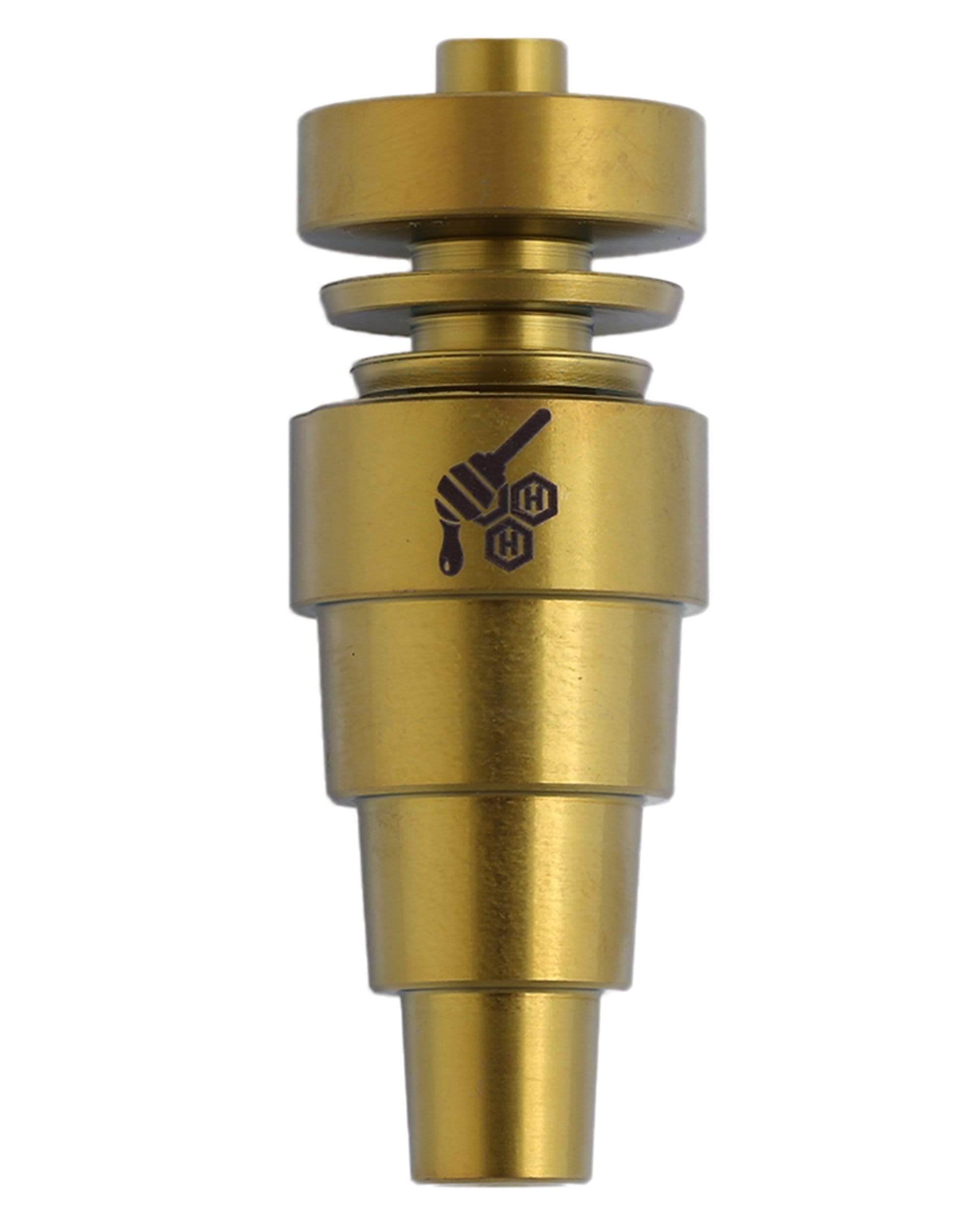 A close-up, angled view of the Original 6 in 1 Titanium Nail, showcasing its metallic, multi-tiered structure. A close-up, angled view of the Original 6 in 1 Titanium Nail, showcasing its metallic, multi-tiered structure.