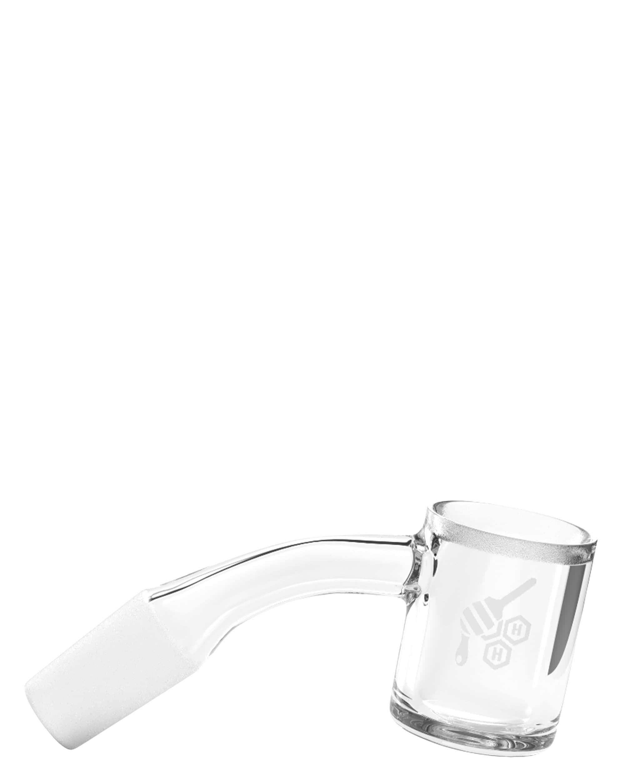 A studio shot of the Original Bevel Banger Nail, displaying the clear glass with a rounded, beveled edge. A studio shot of the Original Bevel Banger Nail, displaying the clear glass with a rounded, beveled edge.