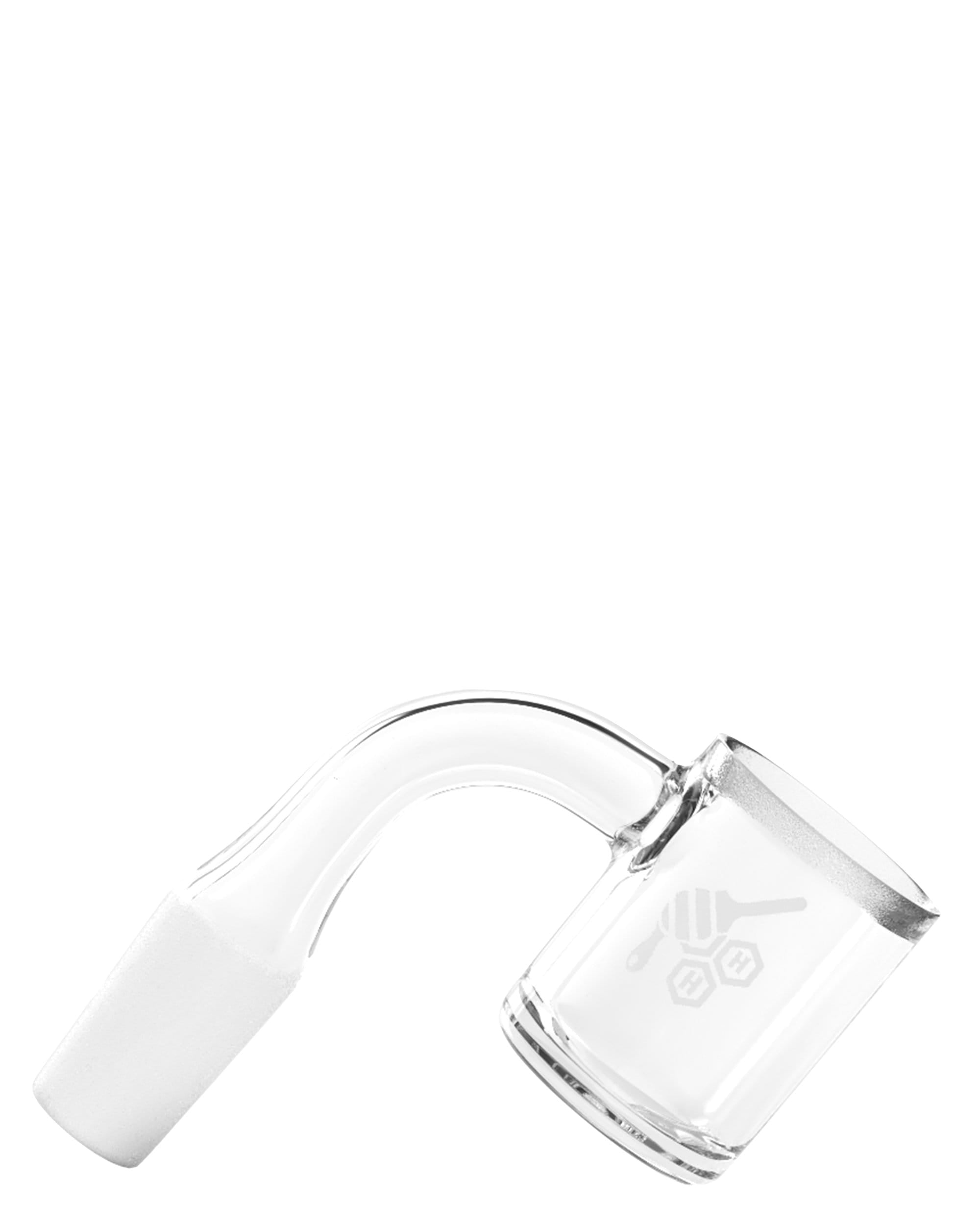 A slightly angled view of the Original Bevel Banger Nail, showcasing its clear glass construction and rounded design. A slightly angled view of the Original Bevel Banger Nail, showcasing its clear glass construction and rounded design.