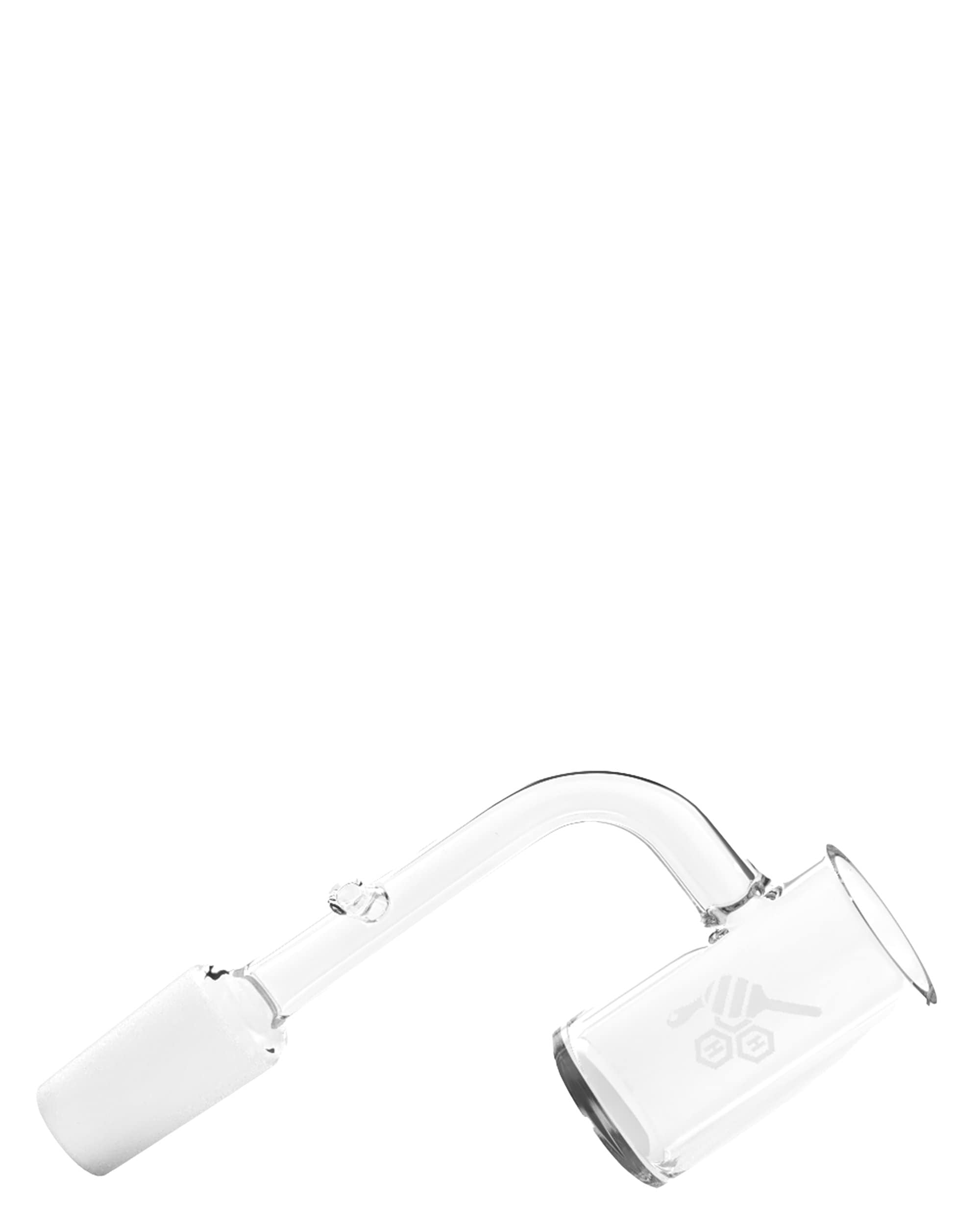 A close-up, angled view of the Original E-Nail Banger, showcasing its clear glass construction and simple cylindrical shape. A close-up, angled view of the Original E-Nail Banger, showcasing its clear glass construction and simple cylindrical shape.