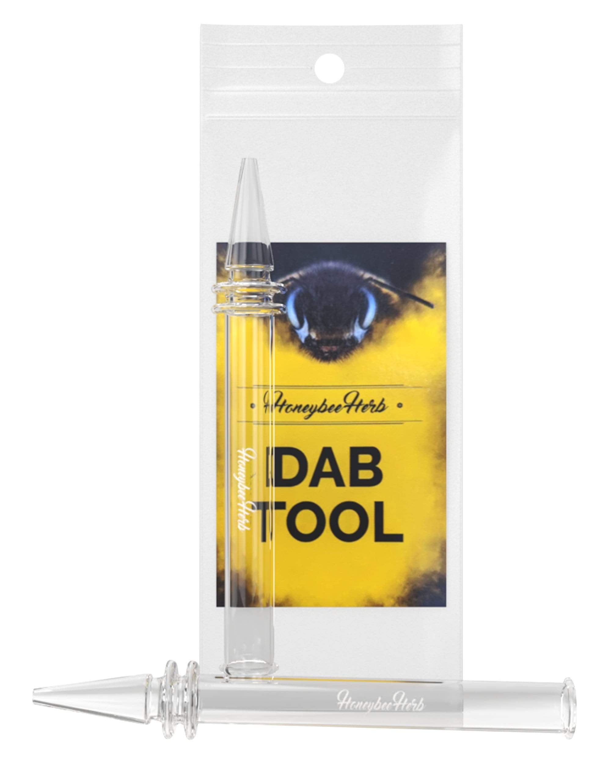 The Honeybee Quartz Dab Straw is shown in a close-up, side view with a clear glass body and metallic accents. The Honeybee Quartz Dab Straw is shown in a close-up, side view with a clear glass body and metallic accents.