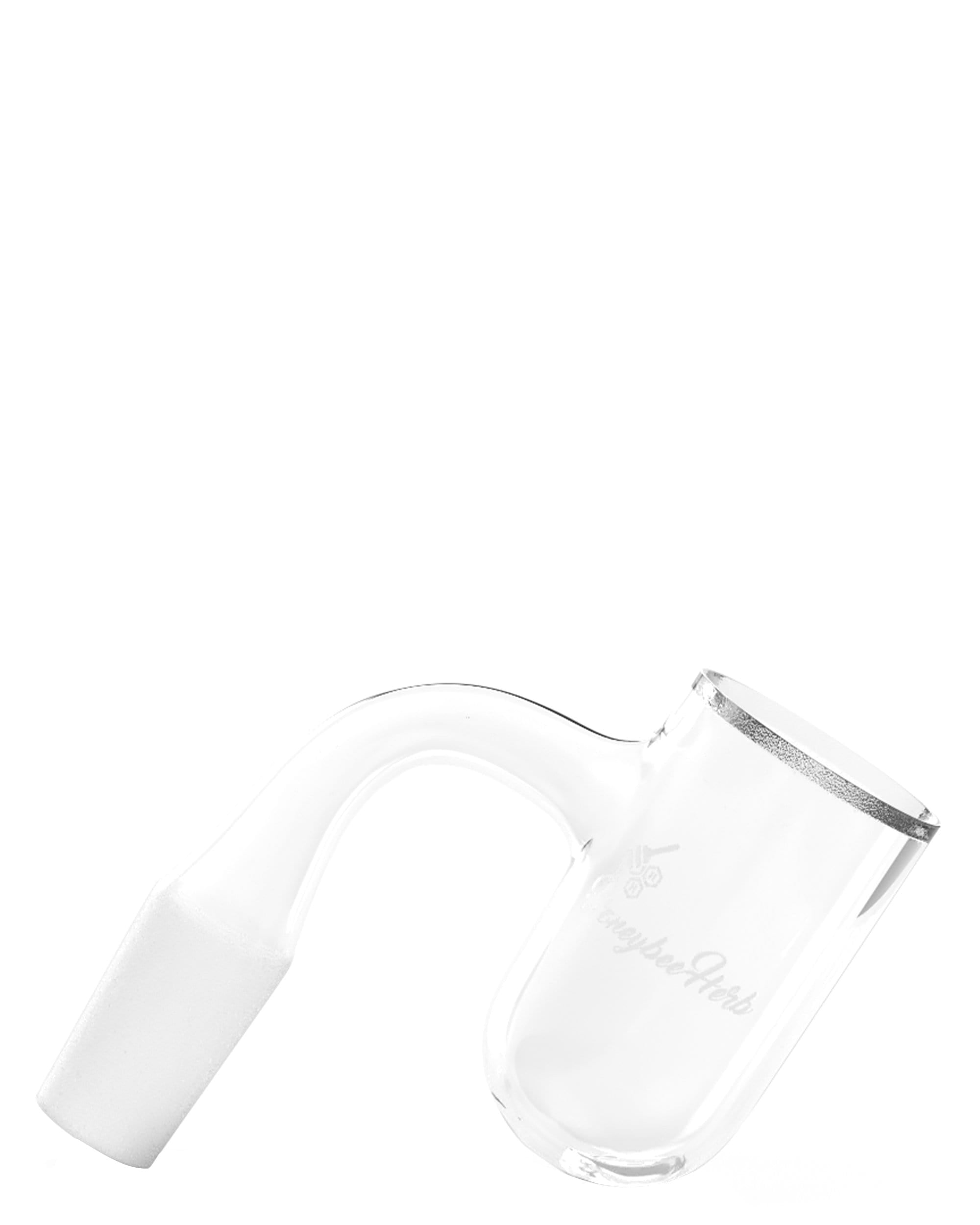 A studio shot of the Seamless Weld Honey Bevel Deep Bowl Banger, displaying its curved form and reflective glass surface. A studio shot of the Seamless Weld Honey Bevel Deep Bowl Banger, displaying its curved form and reflective glass surface.