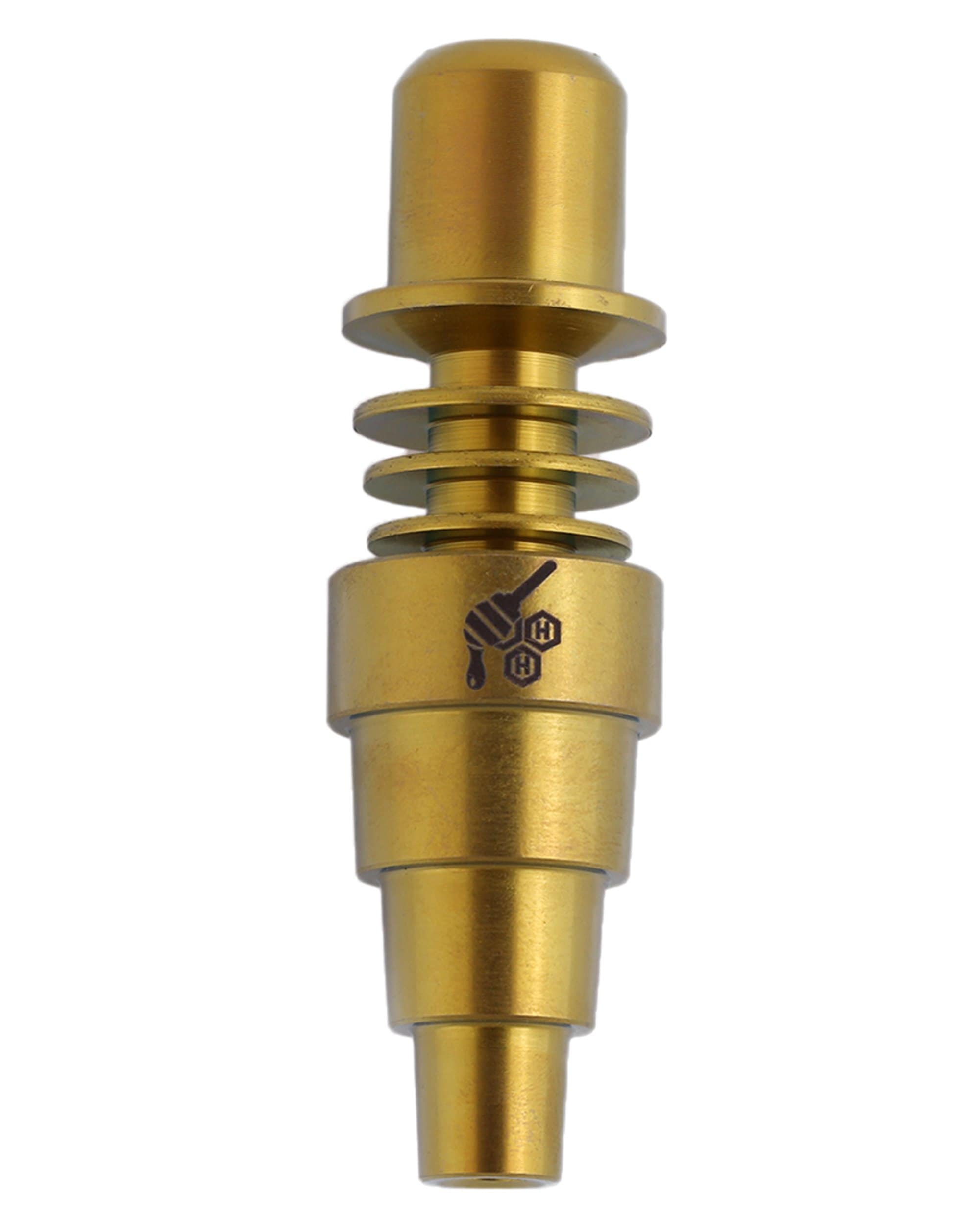 Front view of the Skillet 6 in 1 Titanium E-Nail, showing a metallic, multi-tiered joint with a polished finish. Front view of the Skillet 6 in 1 Titanium E-Nail, showing a metallic, multi-tiered joint with a polished finish.