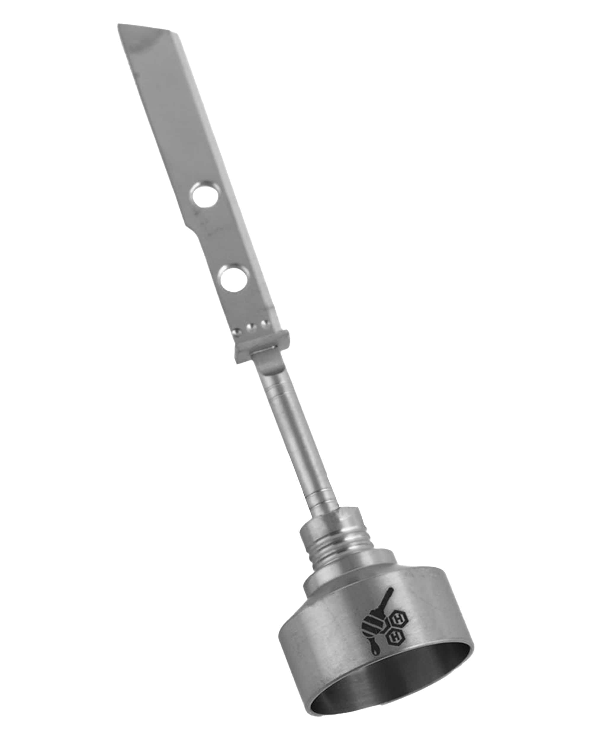 A close-up view of the Titanium Sword Carb Cap Dabber, highlighting its sleek, sword-shaped design and metallic finish. A close-up view of the Titanium Sword Carb Cap Dabber, highlighting its sleek, sword-shaped design and metallic finish.