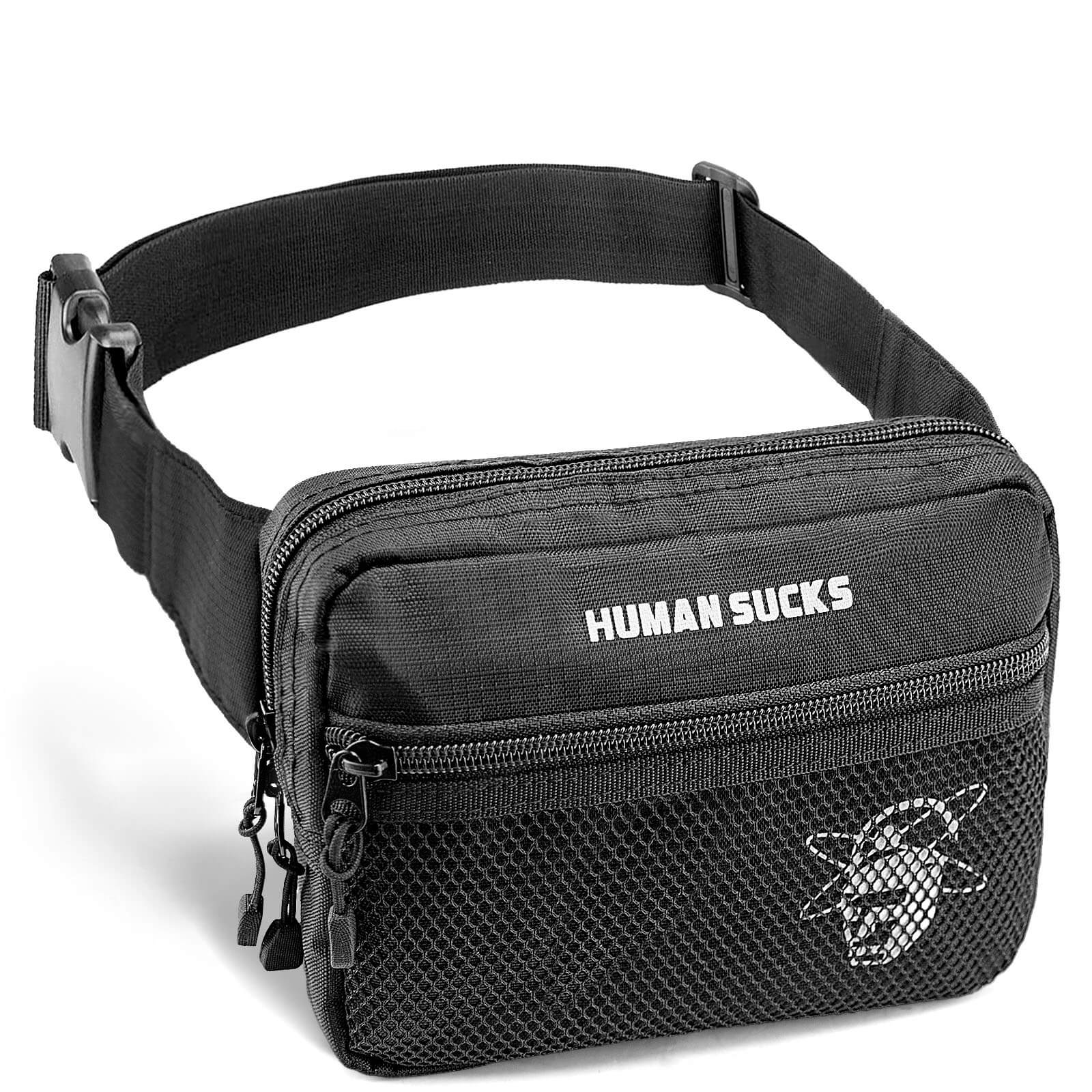A close-up, angled view of the Fanny Pack, a black nylon pouch secured with a buckle and strap. A close-up, angled view of the Fanny Pack, a black nylon pouch secured with a buckle and strap.