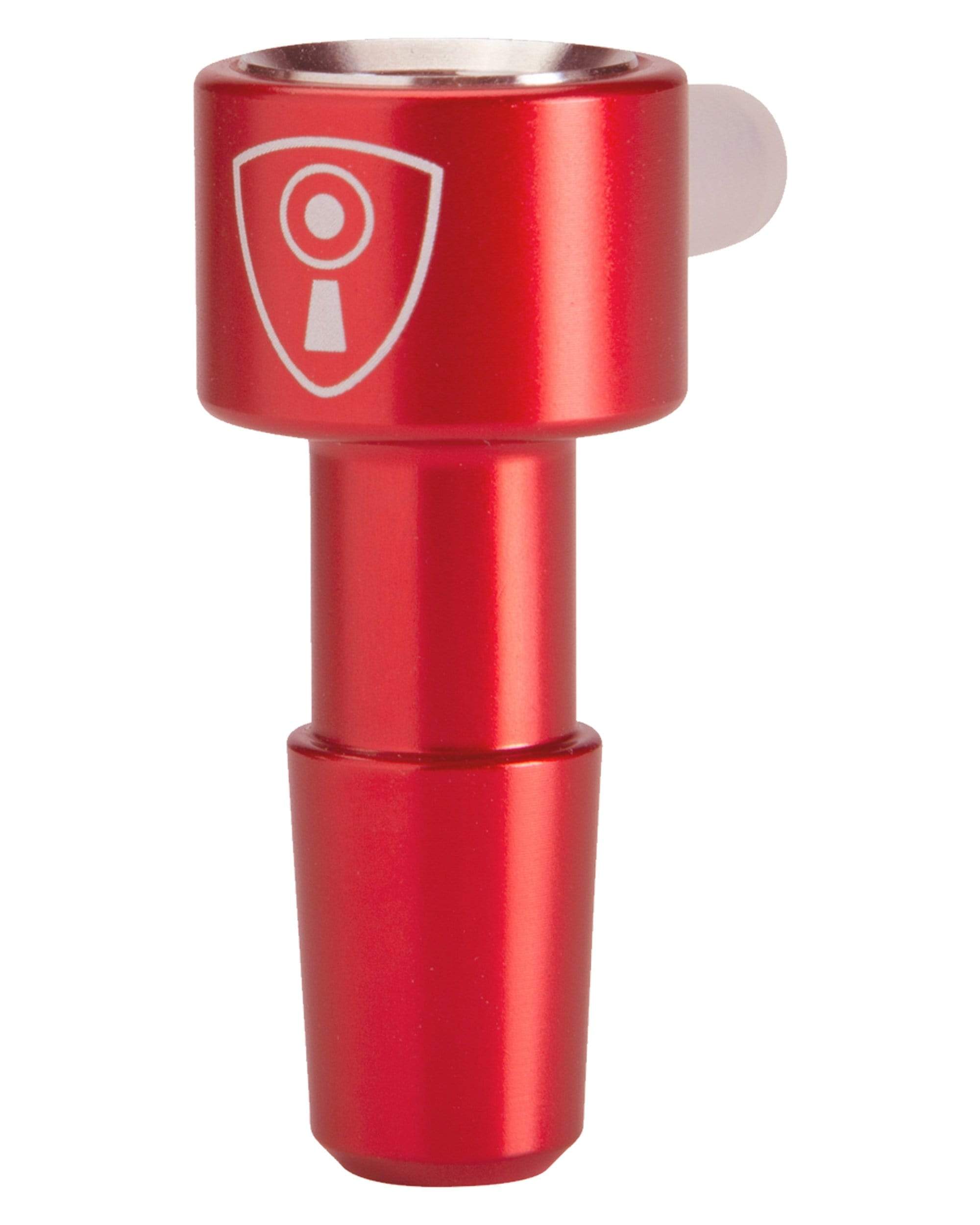 A close-up, angled view of the Indestructible Bong Bowl, showcasing its sleek, red glass construction. A close-up, angled view of the Indestructible Bong Bowl, showcasing its sleek, red glass construction.