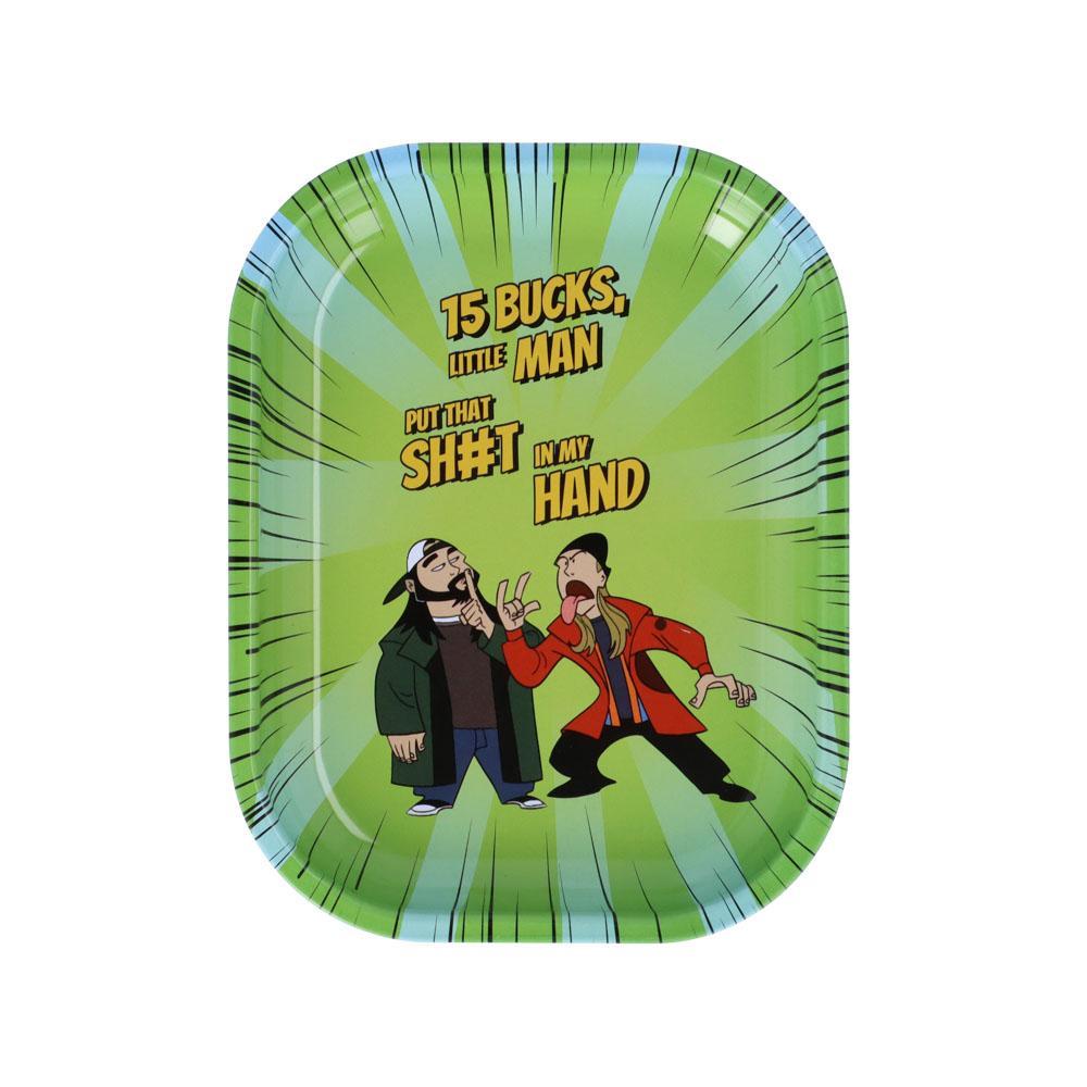 Overhead view of the 15 Bucks Rolling Tray featuring cartoon characters against a bright green background. Overhead view of the 15 Bucks Rolling Tray featuring cartoon characters against a bright green background.