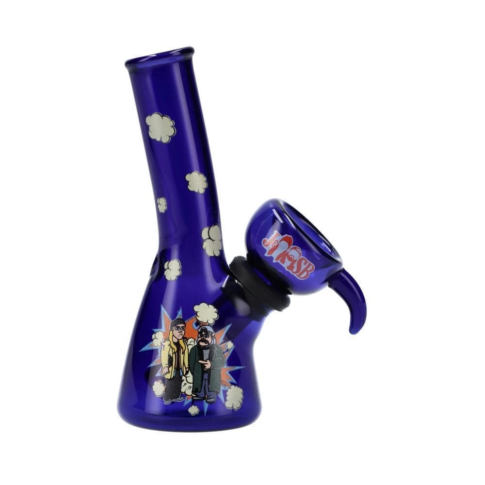 Front view of the 4" Mini Water Pipe - Groovy Blue, featuring a colorful, patterned design on vibrant blue glass. Front view of the 4" Mini Water Pipe - Groovy Blue, featuring a colorful, patterned design on vibrant blue glass.