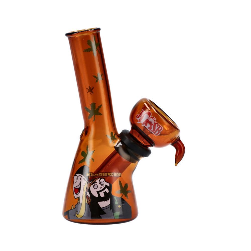 A front view of the 4" Mini Water Pipe - Jay and Silent Bob in orange glass, displaying a simple, compact design. A front view of the 4" Mini Water Pipe - Jay and Silent Bob in orange glass, displaying a simple, compact design.