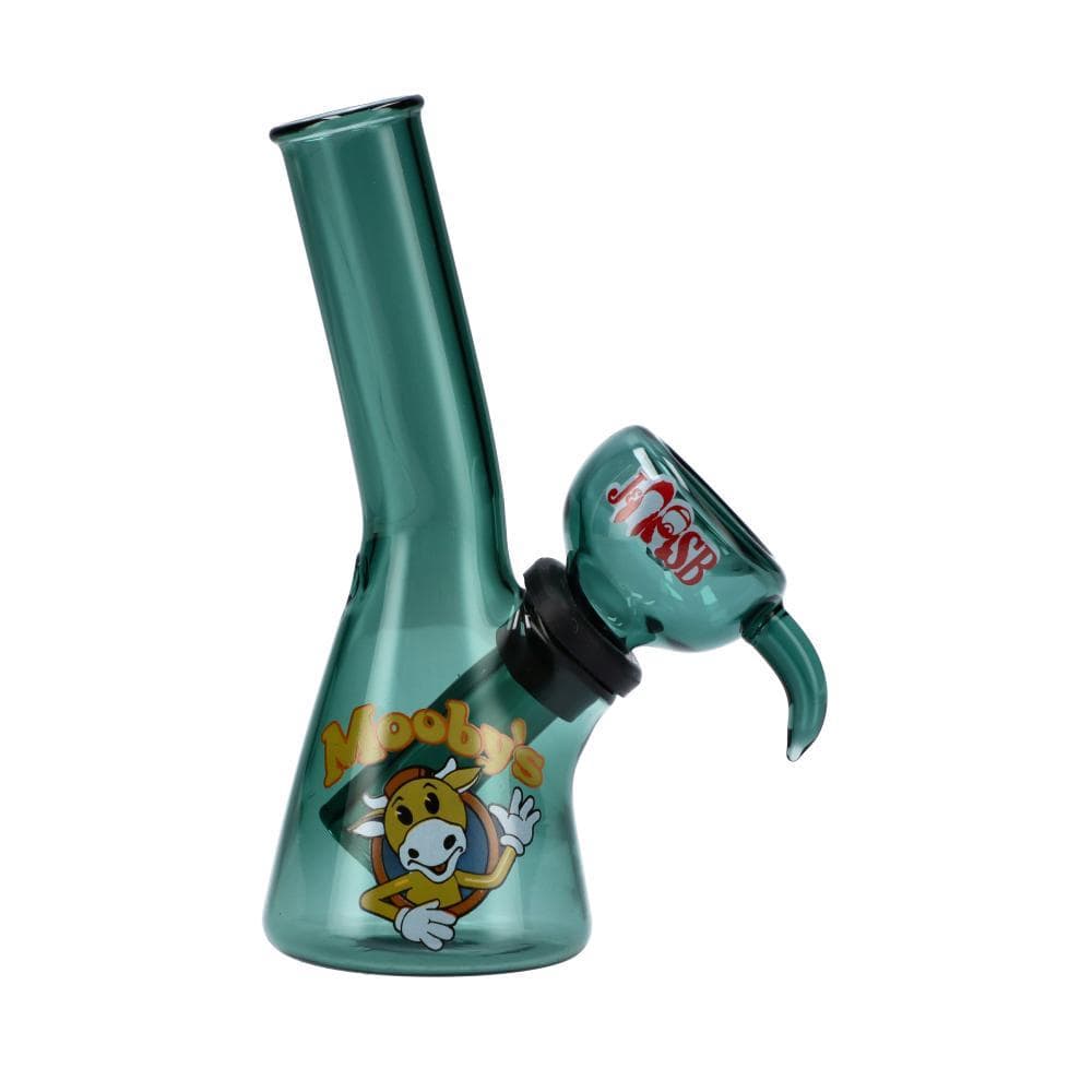 A studio shot of the 4" Mini Water Pipe - Mooby's Teal, showcasing the teal glass pipe angled slightly from above. A studio shot of the 4" Mini Water Pipe - Mooby's Teal, showcasing the teal glass pipe angled slightly from above.