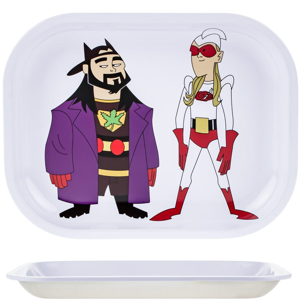 Front view of the Bluntman & Chronic Rolling Tray featuring cartoon characters in vibrant, colorful outfits. Front view of the Bluntman & Chronic Rolling Tray featuring cartoon characters in vibrant, colorful outfits.