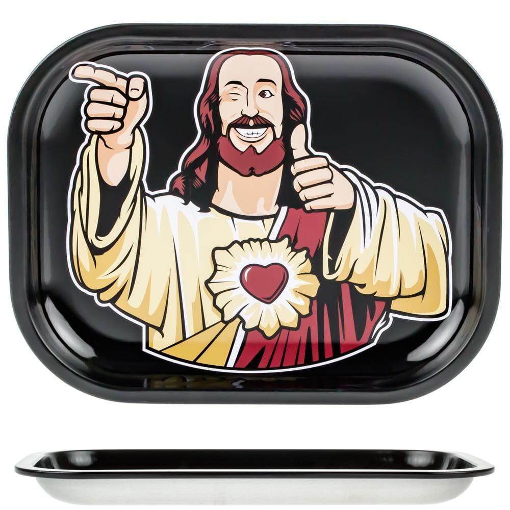 Front view of the Buddy Christ Black Rolling Tray, depicting a stylized figure with an uplifted hand. Front view of the Buddy Christ Black Rolling Tray, depicting a stylized figure with an uplifted hand.