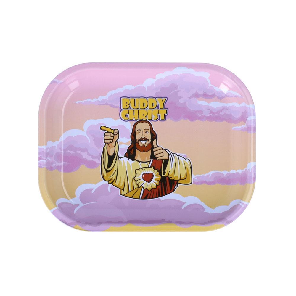 Overhead view of the Buddy Christ Rolling Tray featuring a cartoon depiction of Jesus giving a thumbs-up. Overhead view of the Buddy Christ Rolling Tray featuring a cartoon depiction of Jesus giving a thumbs-up.