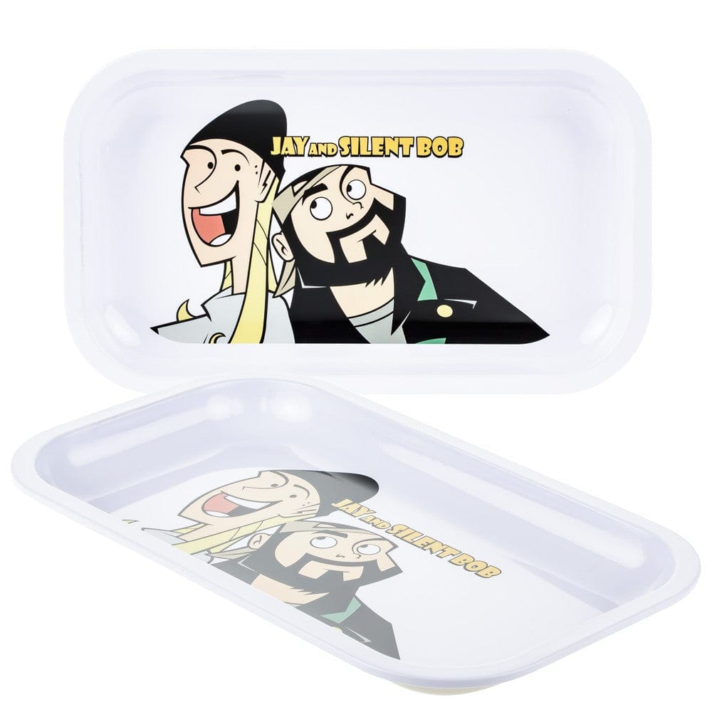 Overhead view of the Jay and Silent Bob Rolling Tray displaying a detailed graphic of the iconic duo against a vibrant background. Overhead view of the Jay and Silent Bob Rolling Tray displaying a detailed graphic of the iconic duo against a vibrant background.