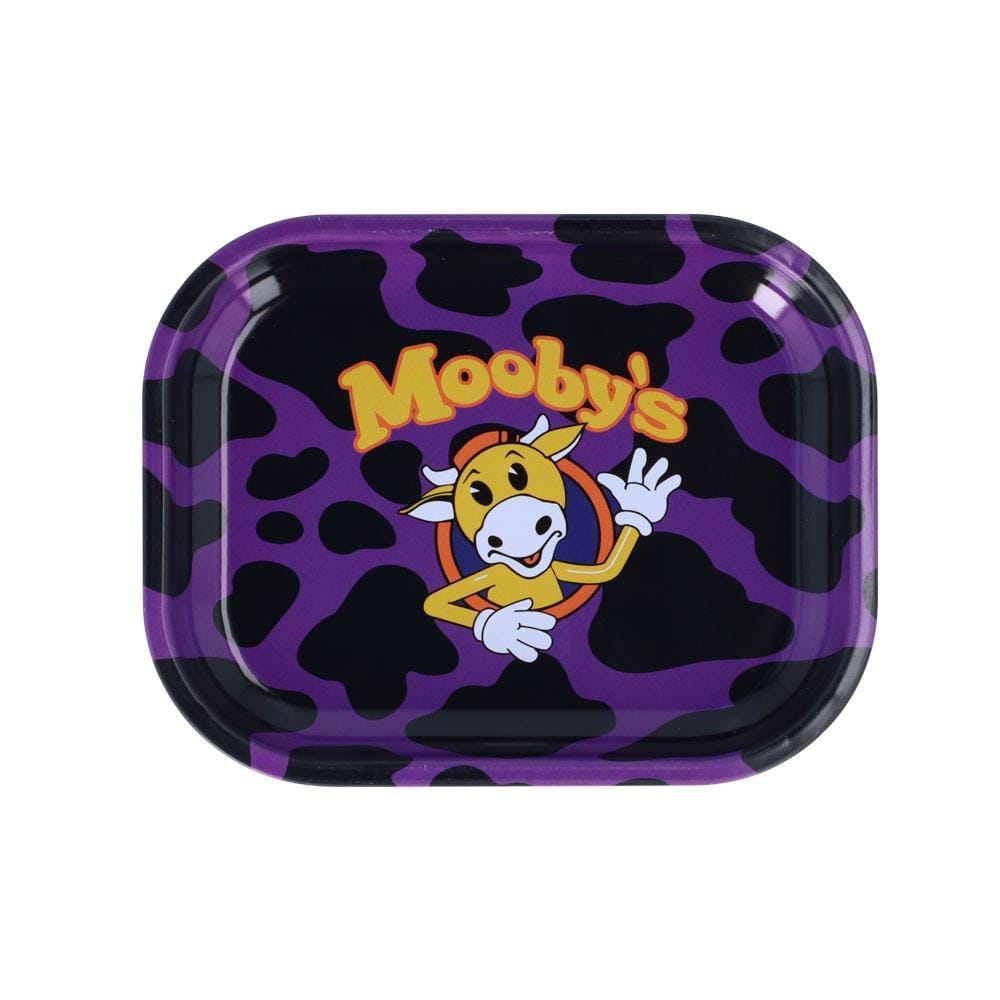 Front view of the Mooby’s Rolling Tray, a purple tray with a repeating dark pattern, displayed on a white background. Front view of the Mooby’s Rolling Tray, a purple tray with a repeating dark pattern, displayed on a white background.