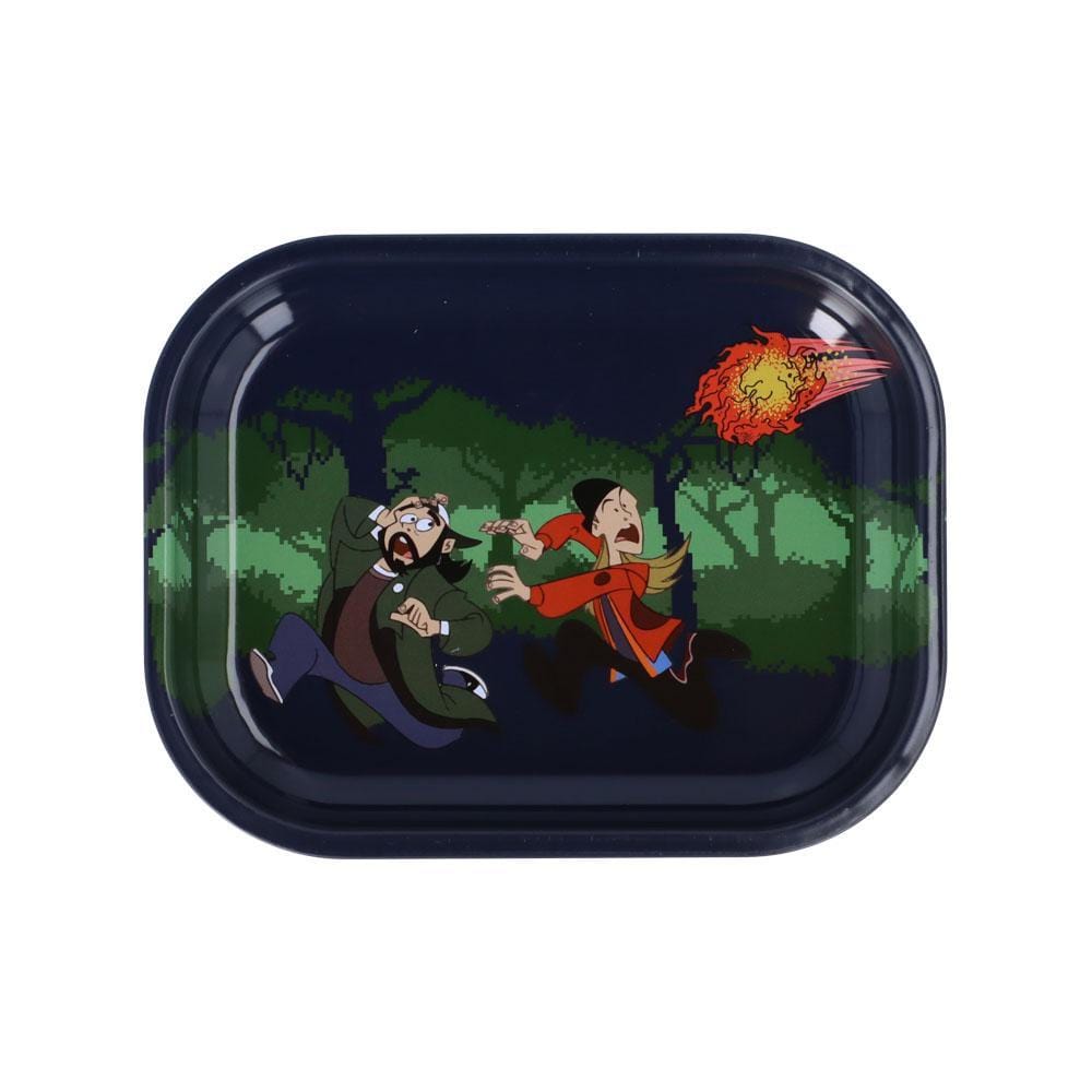 Overhead view of the “On The Run Rolling Tray” depicting cartoon figures running from an explosion against a black background. Overhead view of the “On The Run Rolling Tray” depicting cartoon figures running from an explosion against a black background.