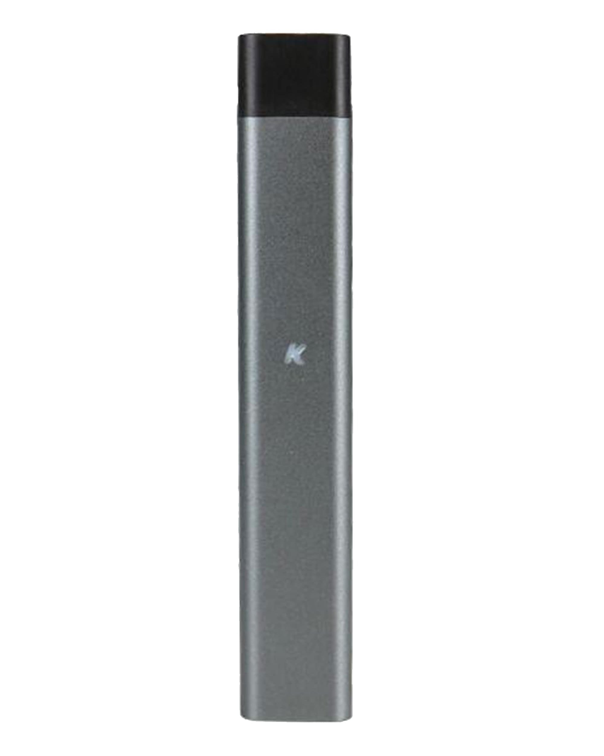 Front view of the RUBI Vaporizer, a sleek, silver device standing against a plain white background. Front view of the RUBI Vaporizer, a sleek, silver device standing against a plain white background.