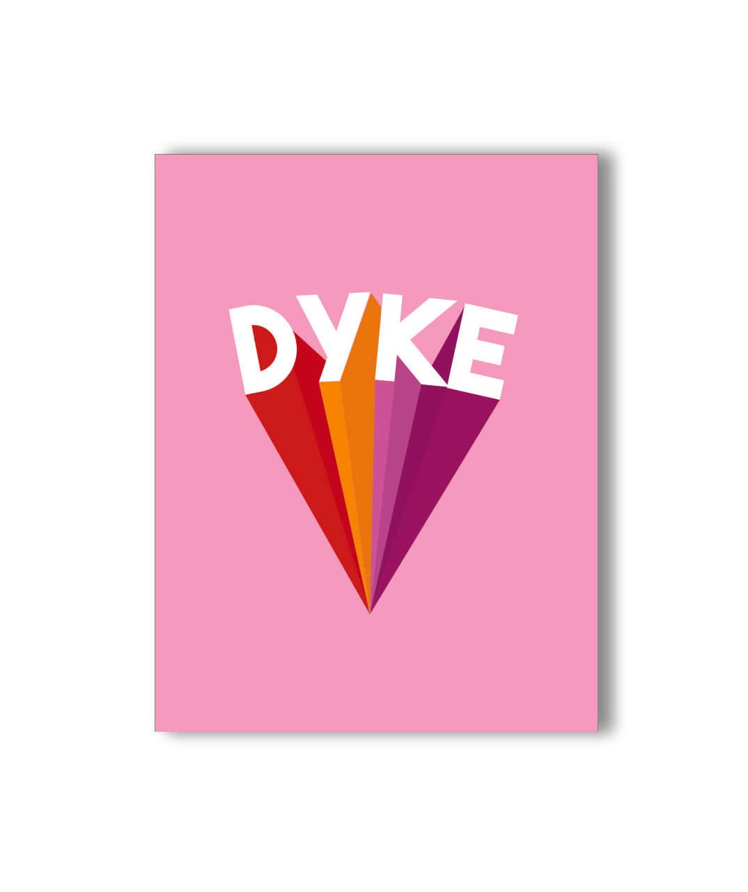 A front view of the Dyke Power Greeting Card featuring a triangular design with vibrant red, purple, and orange hues. A front view of the Dyke Power Greeting Card featuring a triangular design with vibrant red, purple, and orange hues.