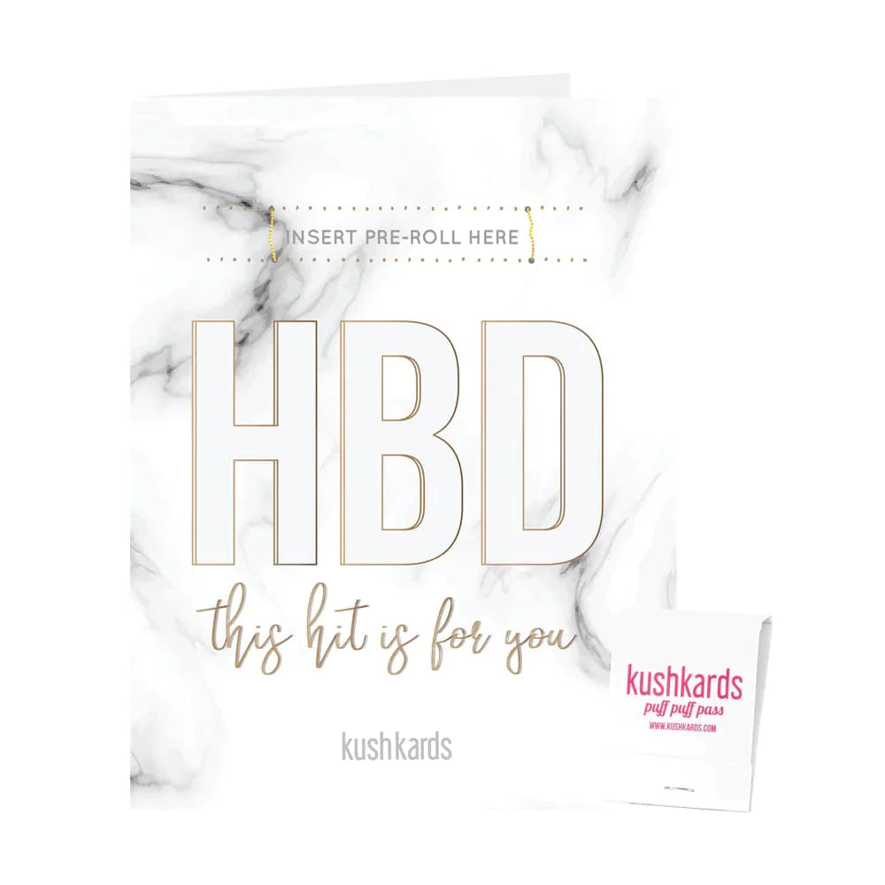 Front view of the HBD Birthday Greeting Card with large white letters on a blurred marble background. Front view of the HBD Birthday Greeting Card with large white letters on a blurred marble background.