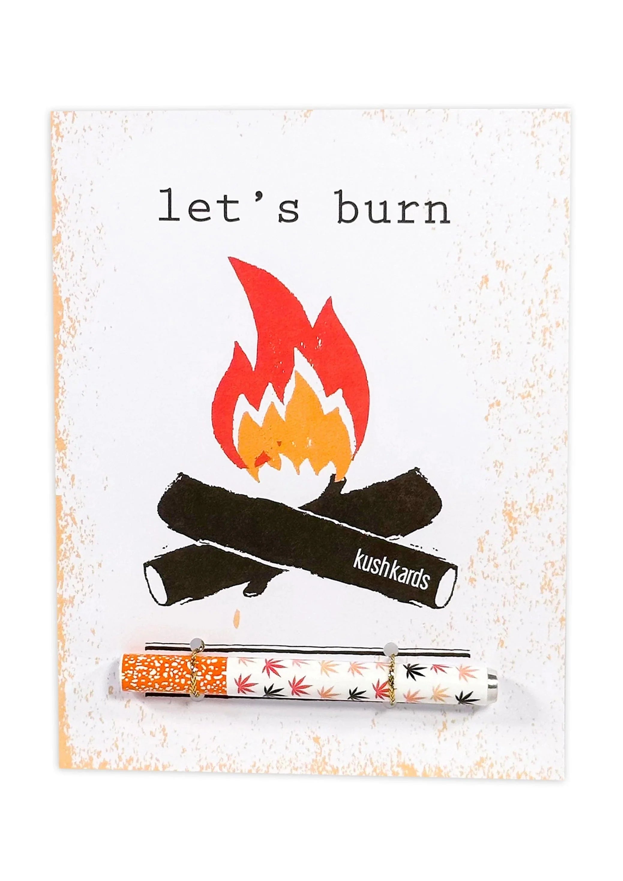 The Let's Burn Greeting Card shows a close-up illustration of flames over stacked firewood. The Let's Burn Greeting Card shows a close-up illustration of flames over stacked firewood.