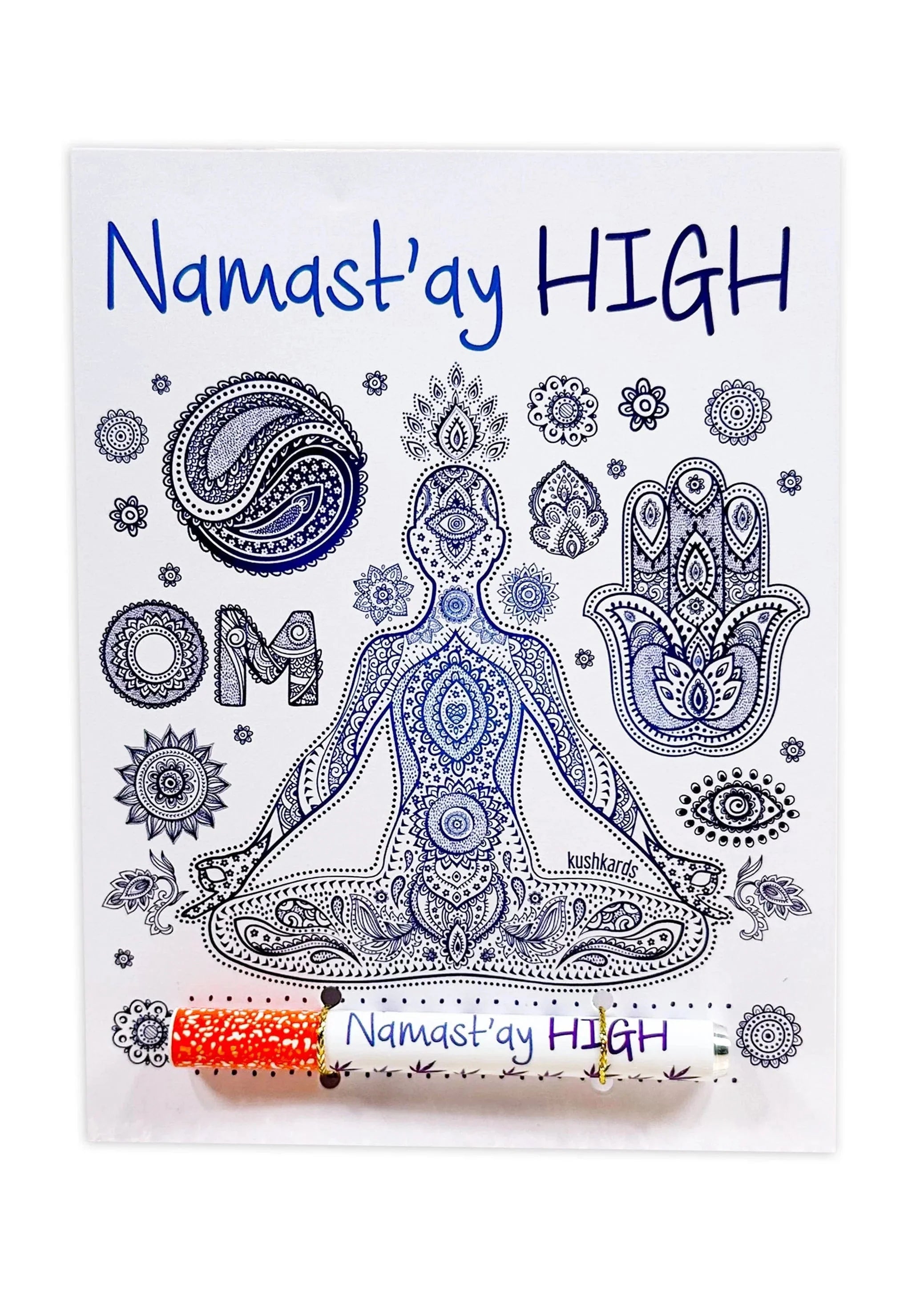 Front view of the Namast'ay High Cannabis Greeting Card, decorated with floral patterns and a colorful mandala design. Front view of the Namast'ay High Cannabis Greeting Card, decorated with floral patterns and a colorful mandala design.