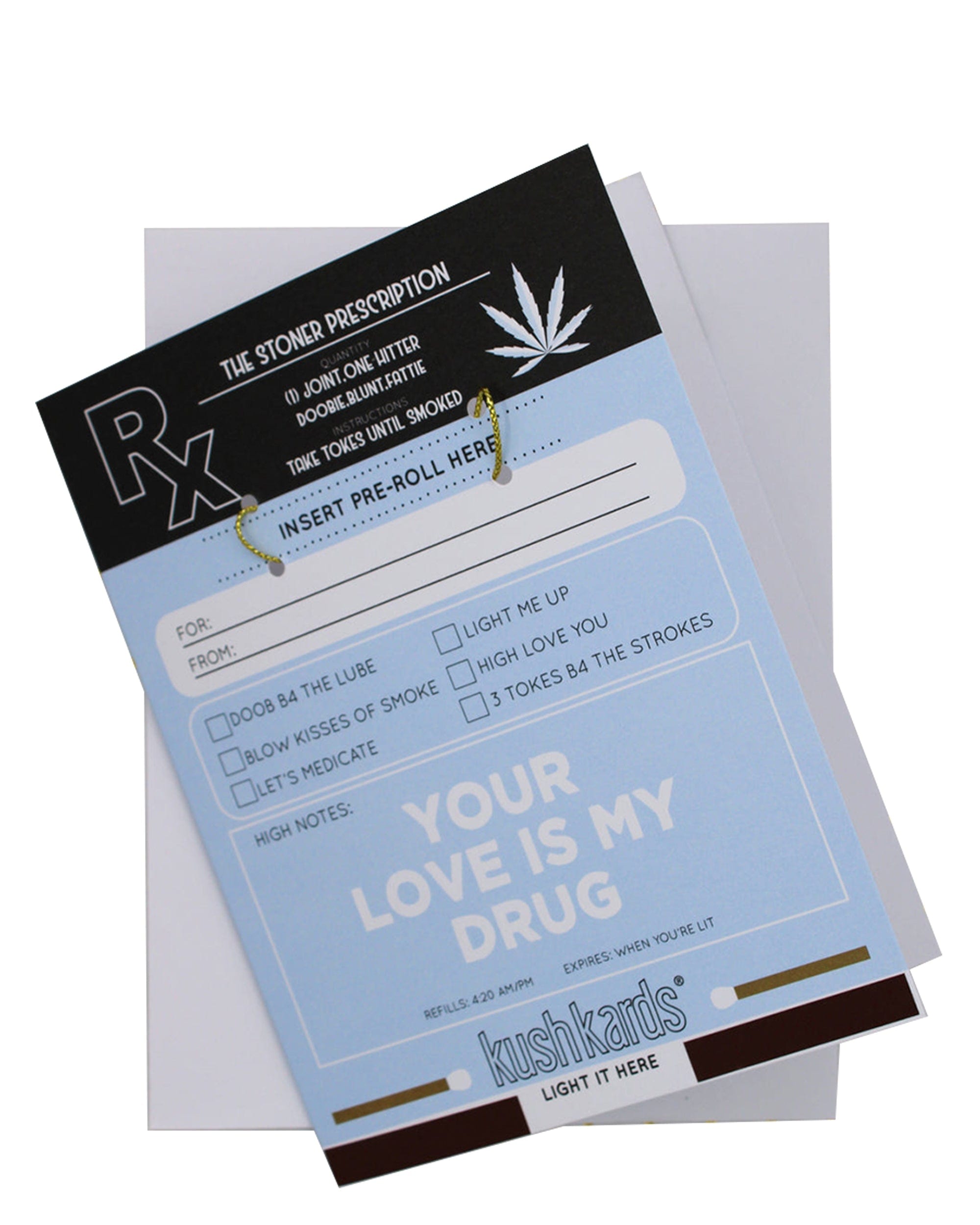 Front view of the Stoner Prescription Greeting Card, designed like a prescription form with spaces for "patient" and "dosage." Front view of the Stoner Prescription Greeting Card, designed like a prescription form with spaces for "patient" and "dosage."