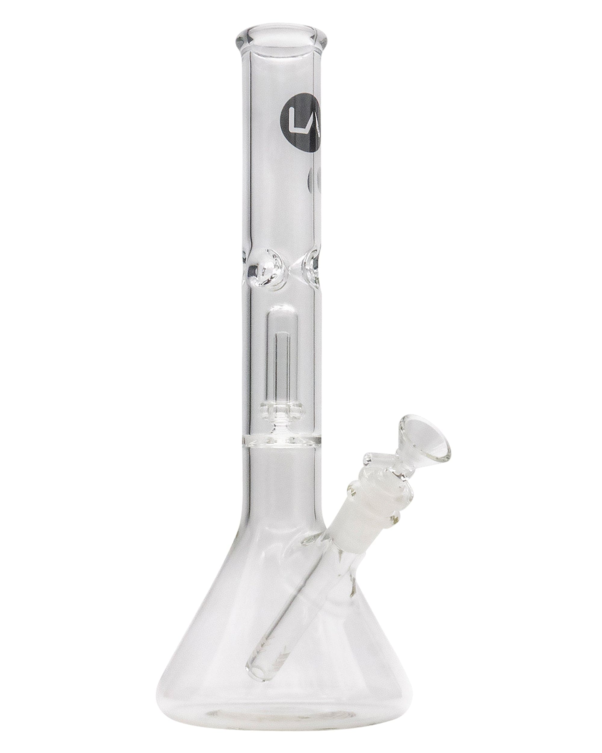 A straight-on view of the 12" Clear Single UFO Showerhead Perc Beaker, highlighting its clear glass construction and simple beaker shape. A straight-on view of the 12" Clear Single UFO Showerhead Perc Beaker, highlighting its clear glass construction and simple beaker shape.