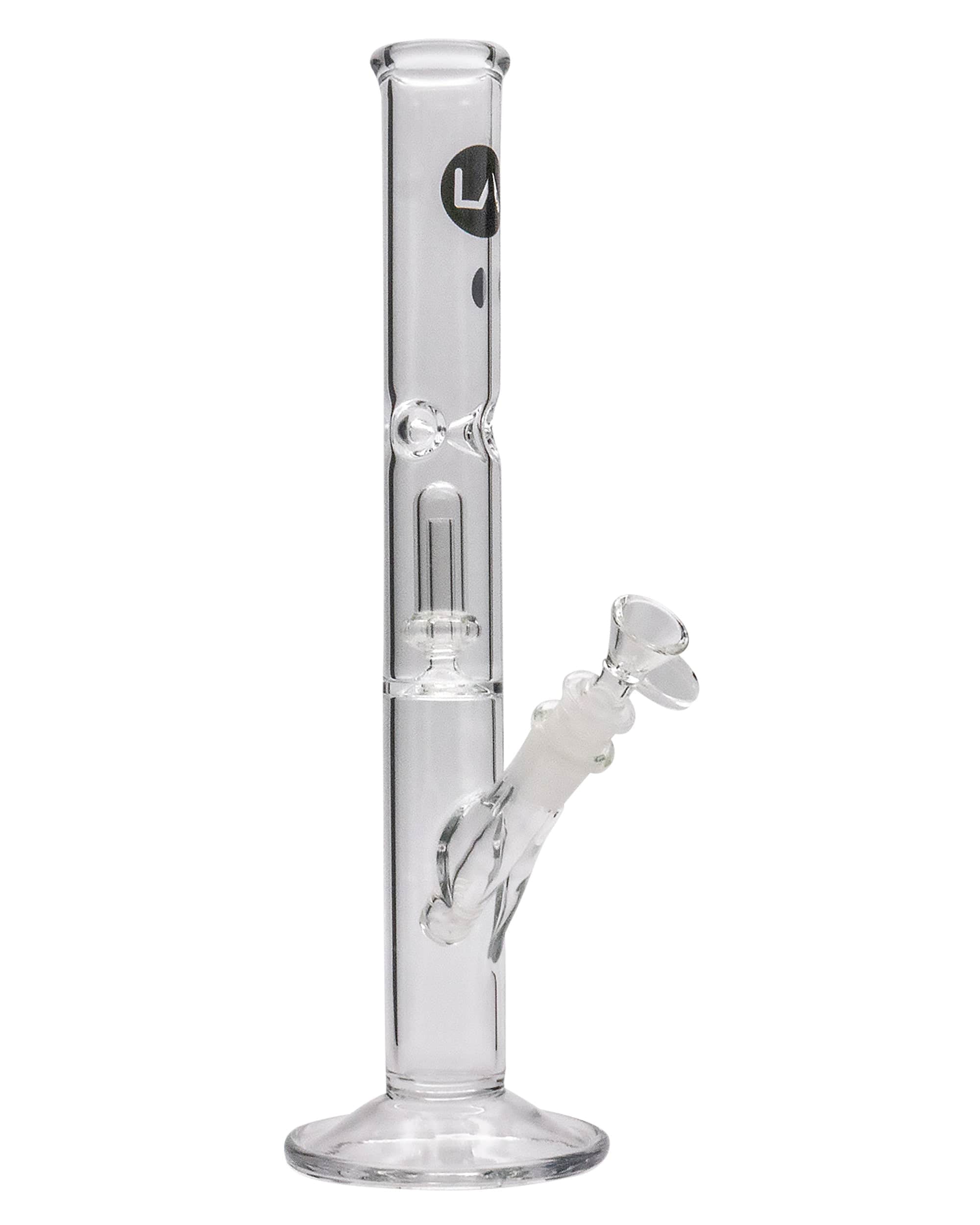 Front view of the 12" Clear Single UFO Showerhead Perc Straight Tube, showing the clear glass tube with a showerhead perc visible inside. Front view of the 12" Clear Single UFO Showerhead Perc Straight Tube, showing the clear glass tube with a showerhead perc visible inside.