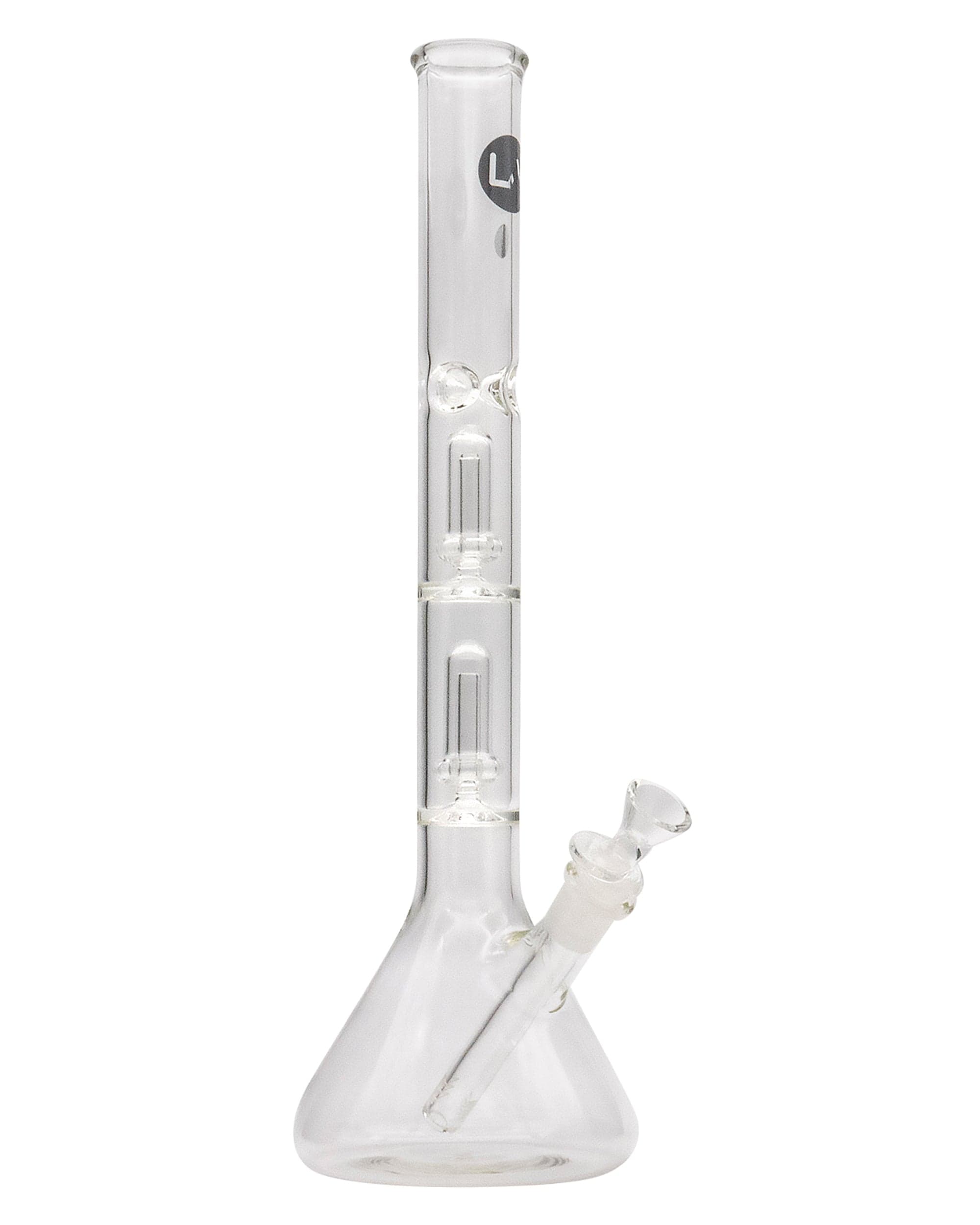 Front view of the 14" Double Showerhead UFO Perc Beaker Bong, showcasing its clear glass construction and beaker shape. Front view of the 14" Double Showerhead UFO Perc Beaker Bong, showcasing its clear glass construction and beaker shape.