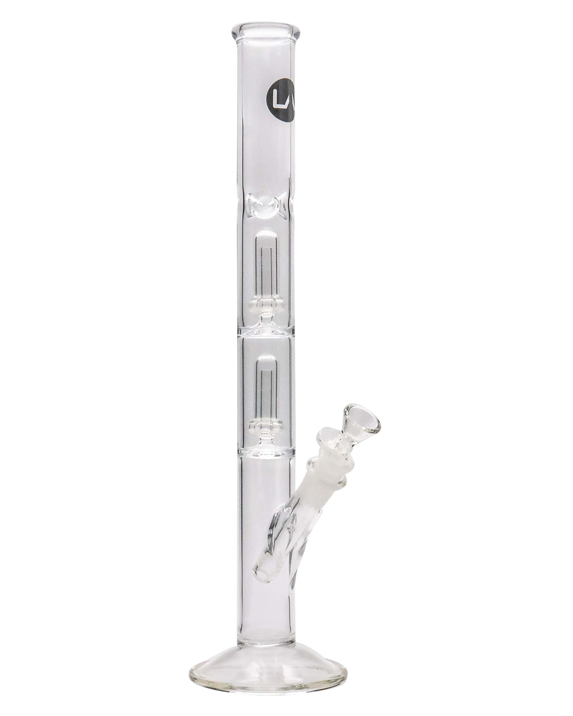 A straight-on view of the 14" Tall Clear Double UFO Showerhead Perc Straight Tube, showcasing the clear glass construction and showerhead perc detail. A straight-on view of the 14" Tall Clear Double UFO Showerhead Perc Straight Tube, showcasing the clear glass construction and showerhead perc detail.