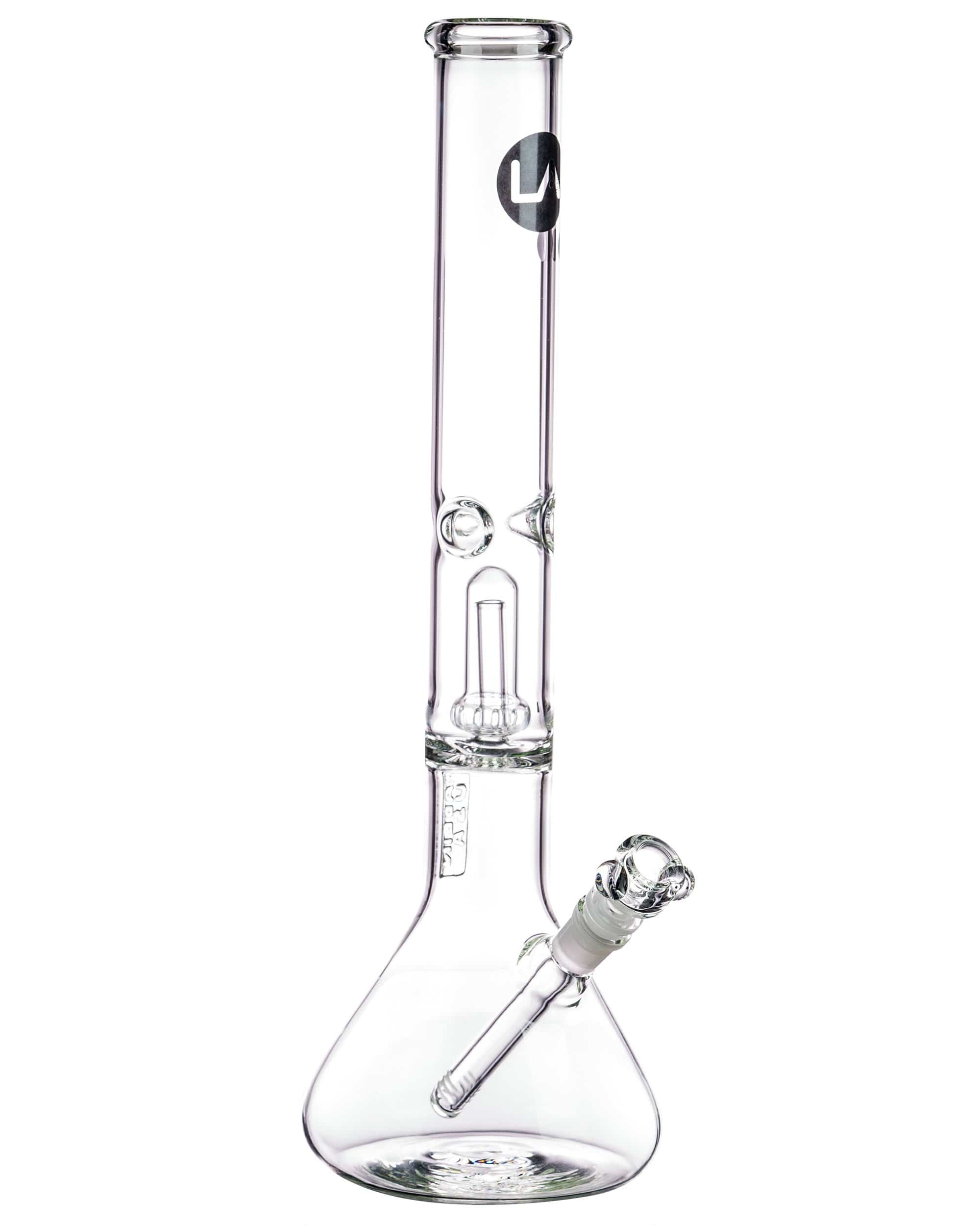 A straight-on view of the 16" Clear UFO Showerhead Perc Beaker Bong, showcasing its clear glass construction and wide base. A straight-on view of the 16" Clear UFO Showerhead Perc Beaker Bong, showcasing its clear glass construction and wide base.