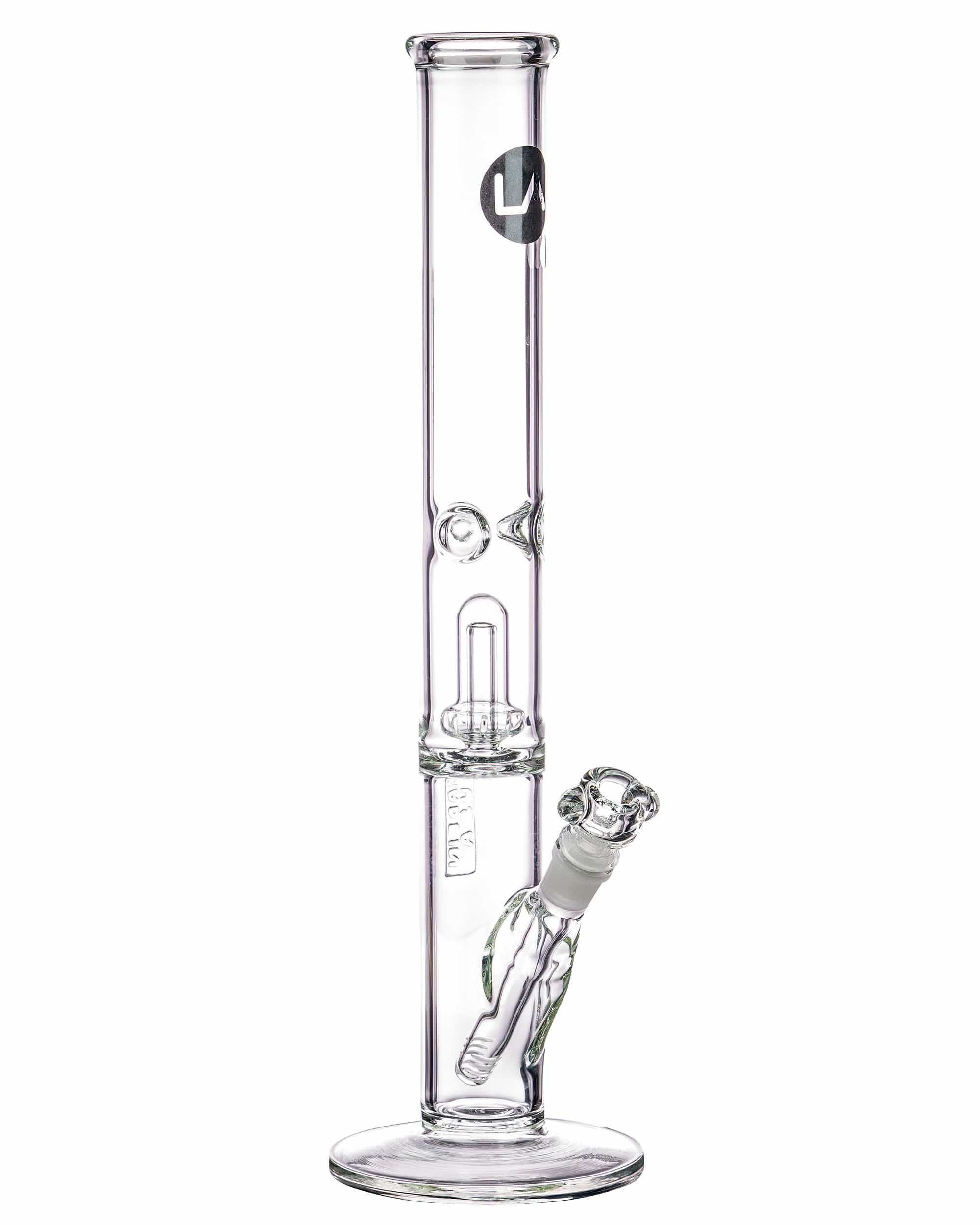 Front view of the 16" Clear UFO Showerhead Perc Straight Tube, showcasing its clear glass construction and simple cylindrical form. Front view of the 16" Clear UFO Showerhead Perc Straight Tube, showcasing its clear glass construction and simple cylindrical form.