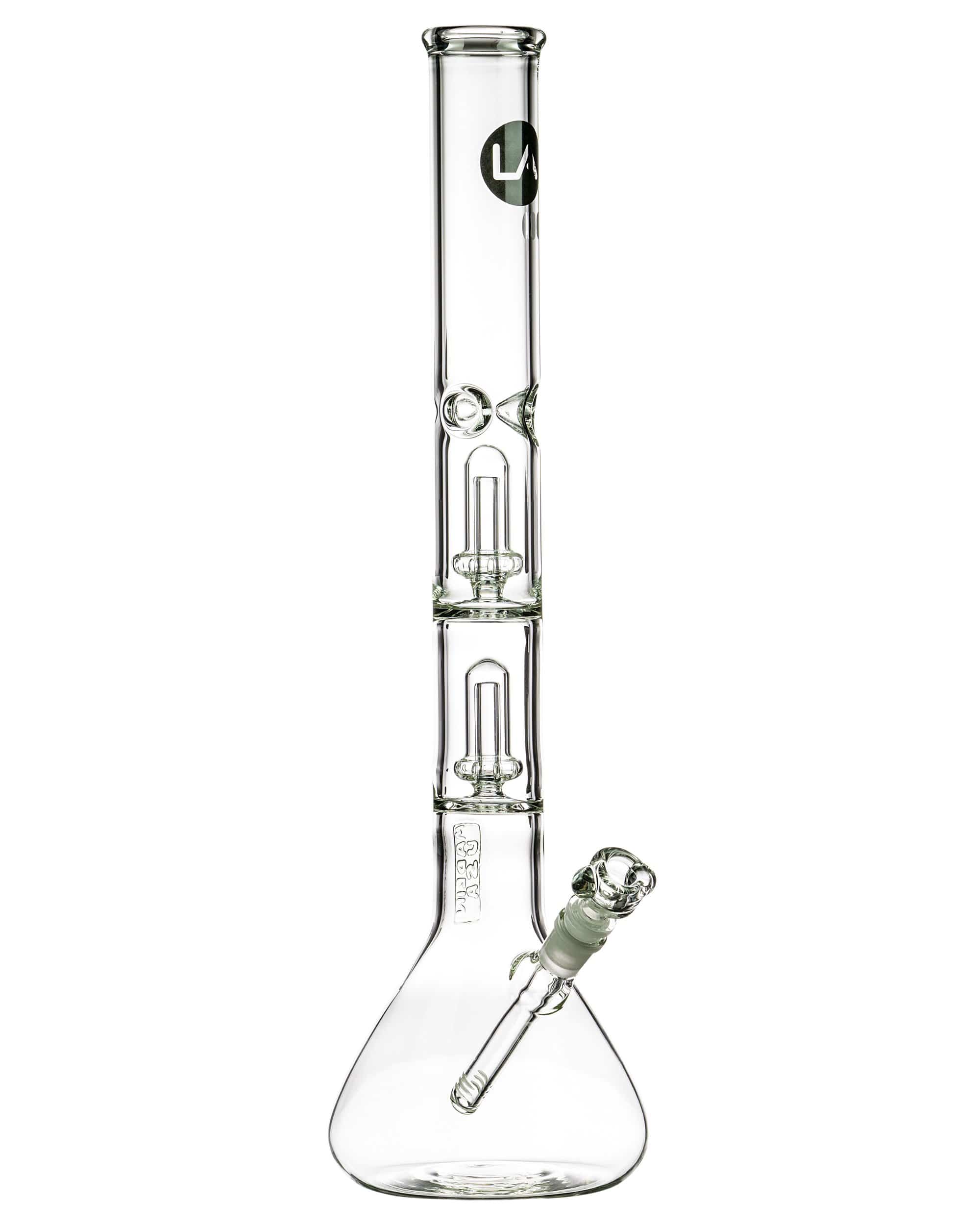A front view of the 20'' Clear Double Showerhead Perc Beaker Bong, showcasing its clear glass construction and showerhead percolator details. A front view of the 20'' Clear Double Showerhead Perc Beaker Bong, showcasing its clear glass construction and showerhead percolator details.