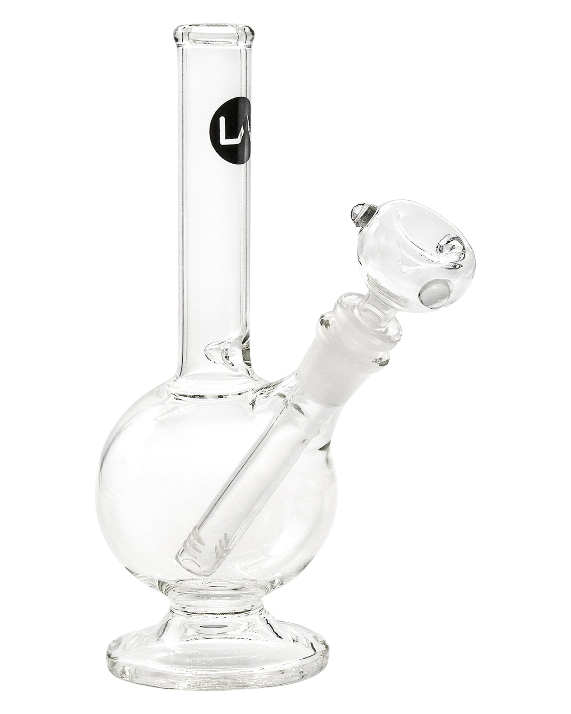 Front view of the 9" Pedestal Bubble Beaker Waterpipe, showcasing its clear glass construction and rounded base. Front view of the 9" Pedestal Bubble Beaker Waterpipe, showcasing its clear glass construction and rounded base.