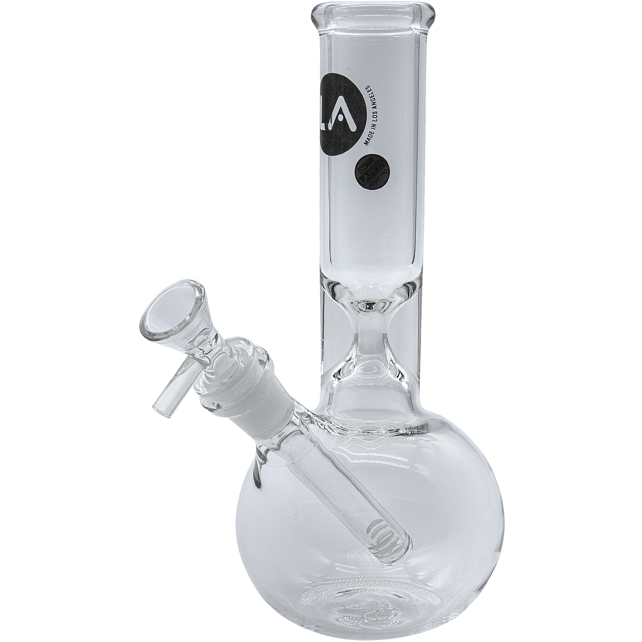A studio shot of the Baller Bubble Base Bong, showcasing its clear glass construction and rounded base design. A studio shot of the Baller Bubble Base Bong, showcasing its clear glass construction and rounded base design.