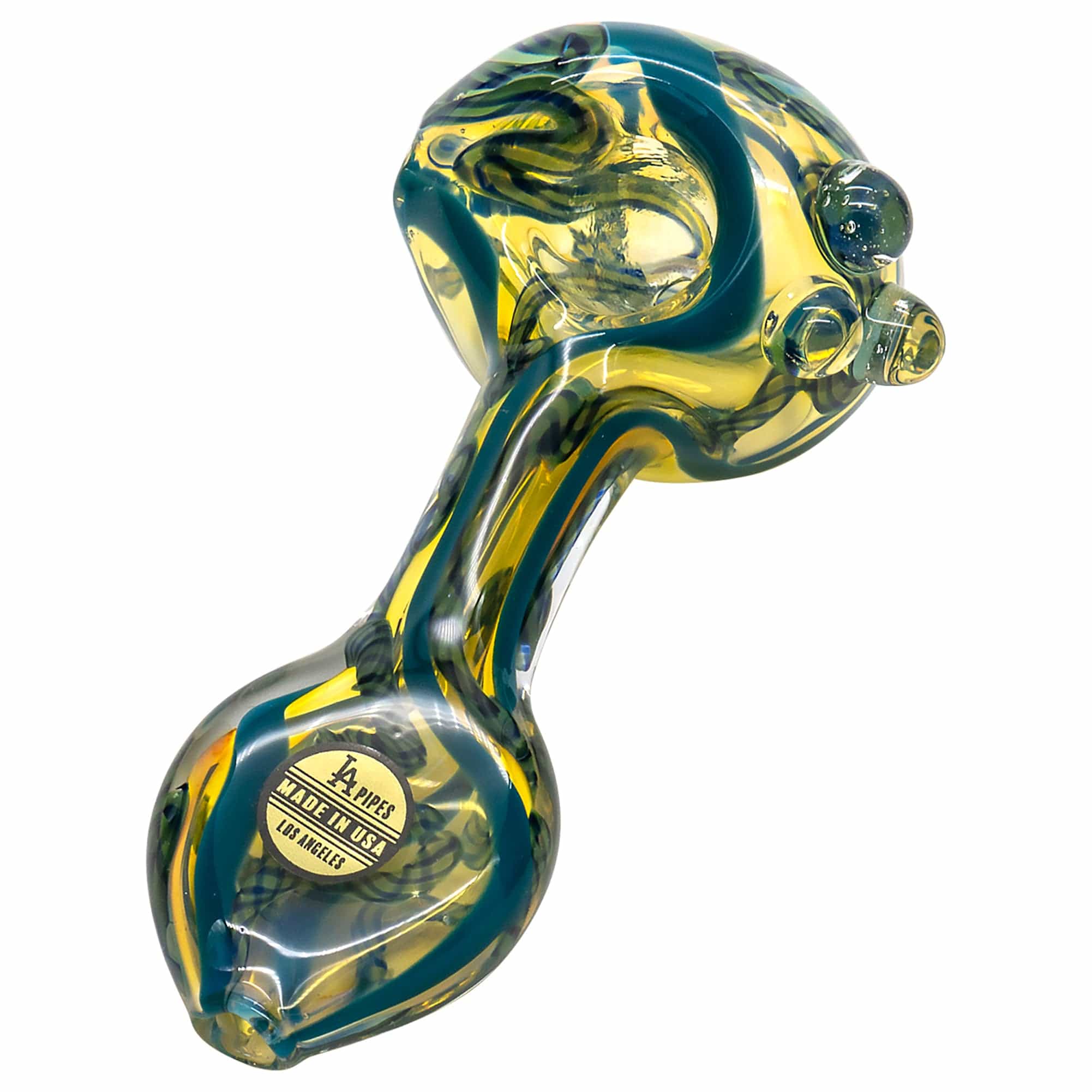A close-up, angled view of the Candy Spoon Inside-Out Color Changing Glass Pipe, showcasing its vibrant, swirling color pattern. A close-up, angled view of the Candy Spoon Inside-Out Color Changing Glass Pipe, showcasing its vibrant, swirling color pattern.